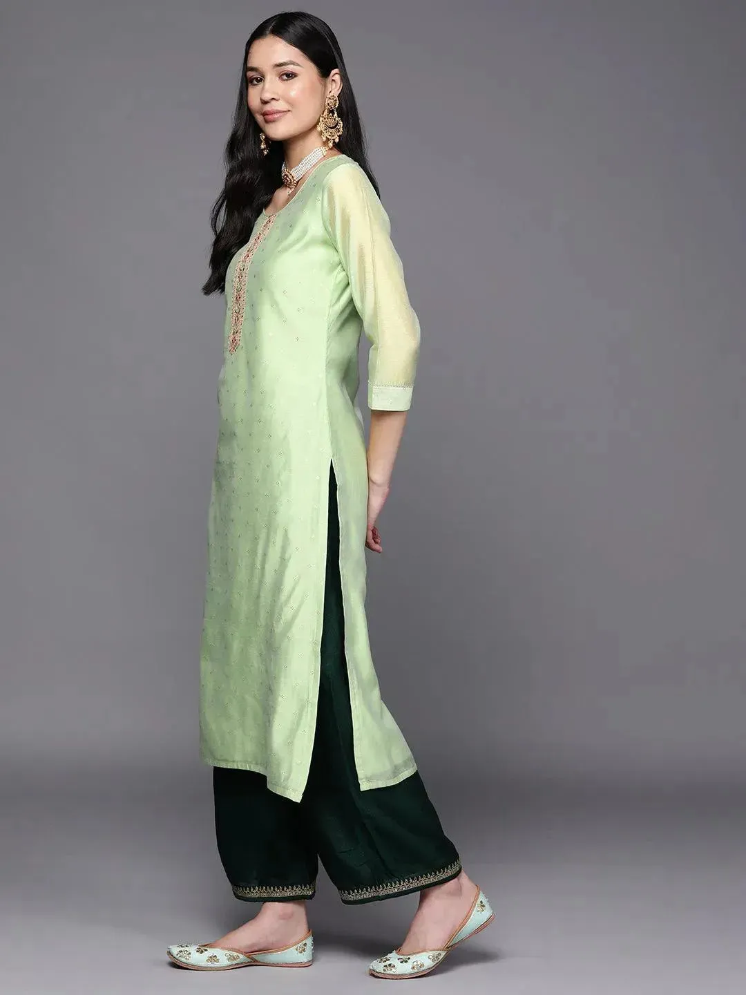 Green Embroidered Chanderi Silk Straight Kurta