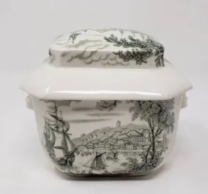 Green Transferware Tea Caddy Safe Harbour Ship Scene Figural Face Shaped Handles Lidded Jar