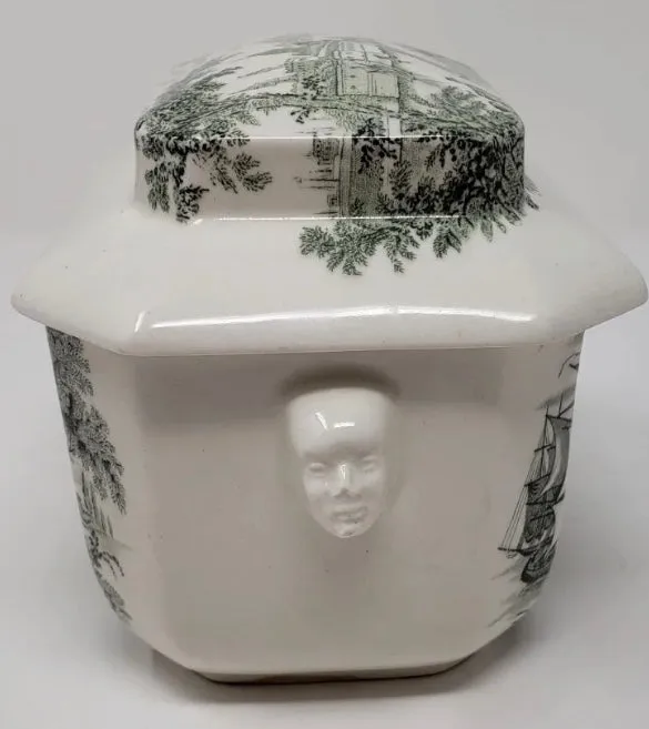 Green Transferware Tea Caddy Safe Harbour Ship Scene Figural Face Shaped Handles Lidded Jar