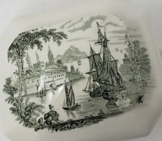 Green Transferware Tea Caddy Safe Harbour Ship Scene Figural Face Shaped Handles Lidded Jar