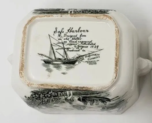 Green Transferware Tea Caddy Safe Harbour Ship Scene Figural Face Shaped Handles Lidded Jar