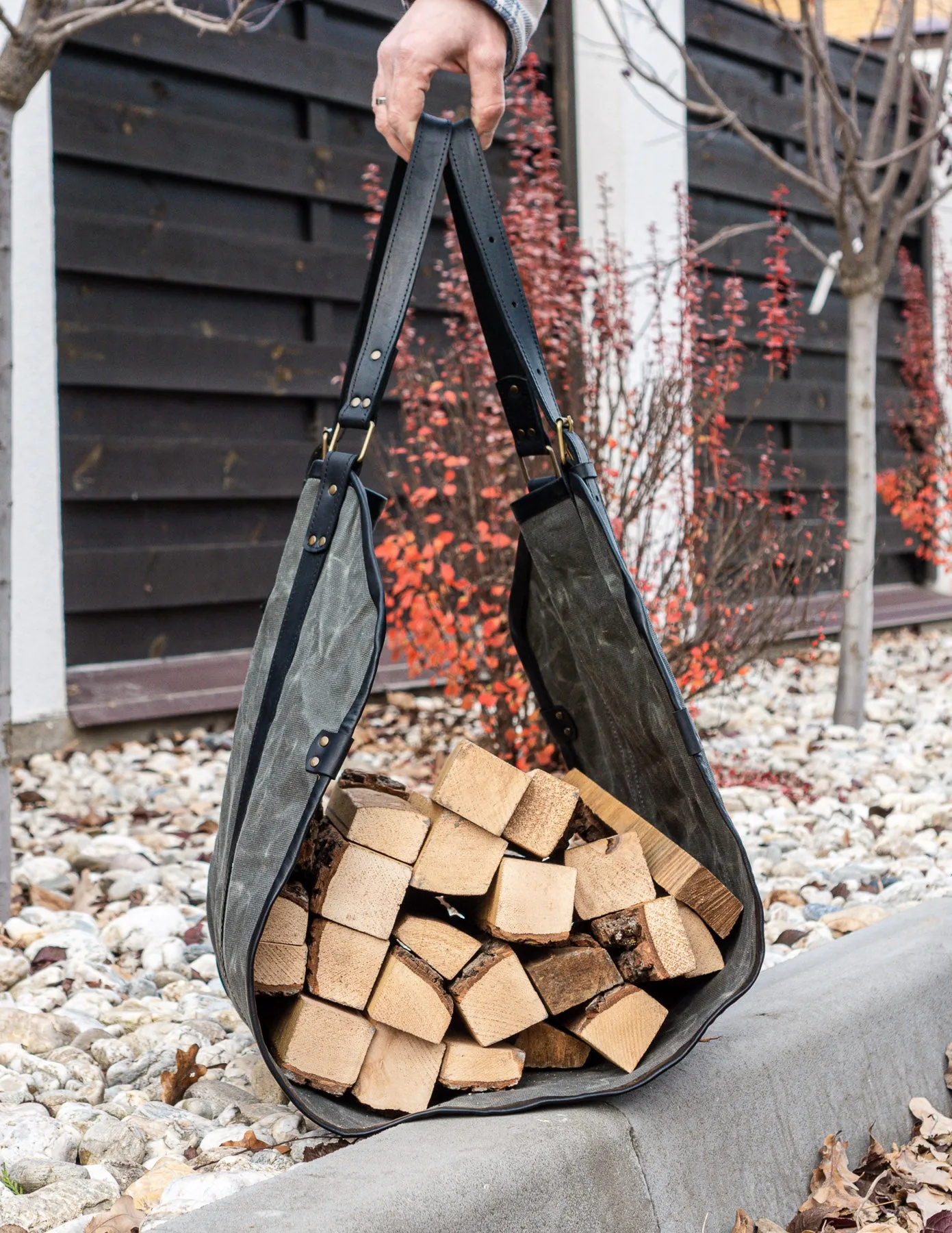 Grey Log Carrier | Waxed Canvas Firewood Carrier | Personalised Gift for men