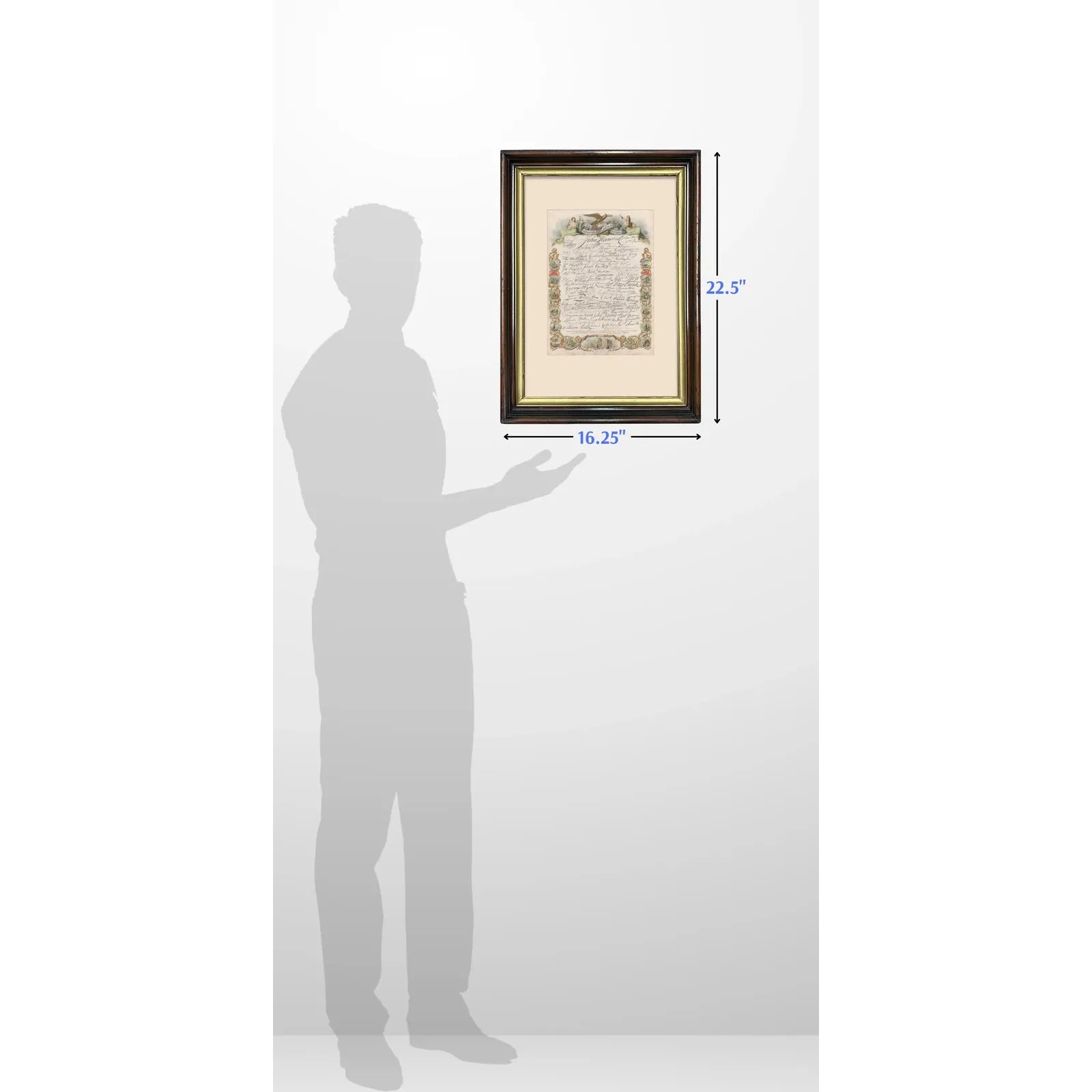 Hand-colored mid-1800s engraving with the signatures to the Declaration of Independence — In an antique frame