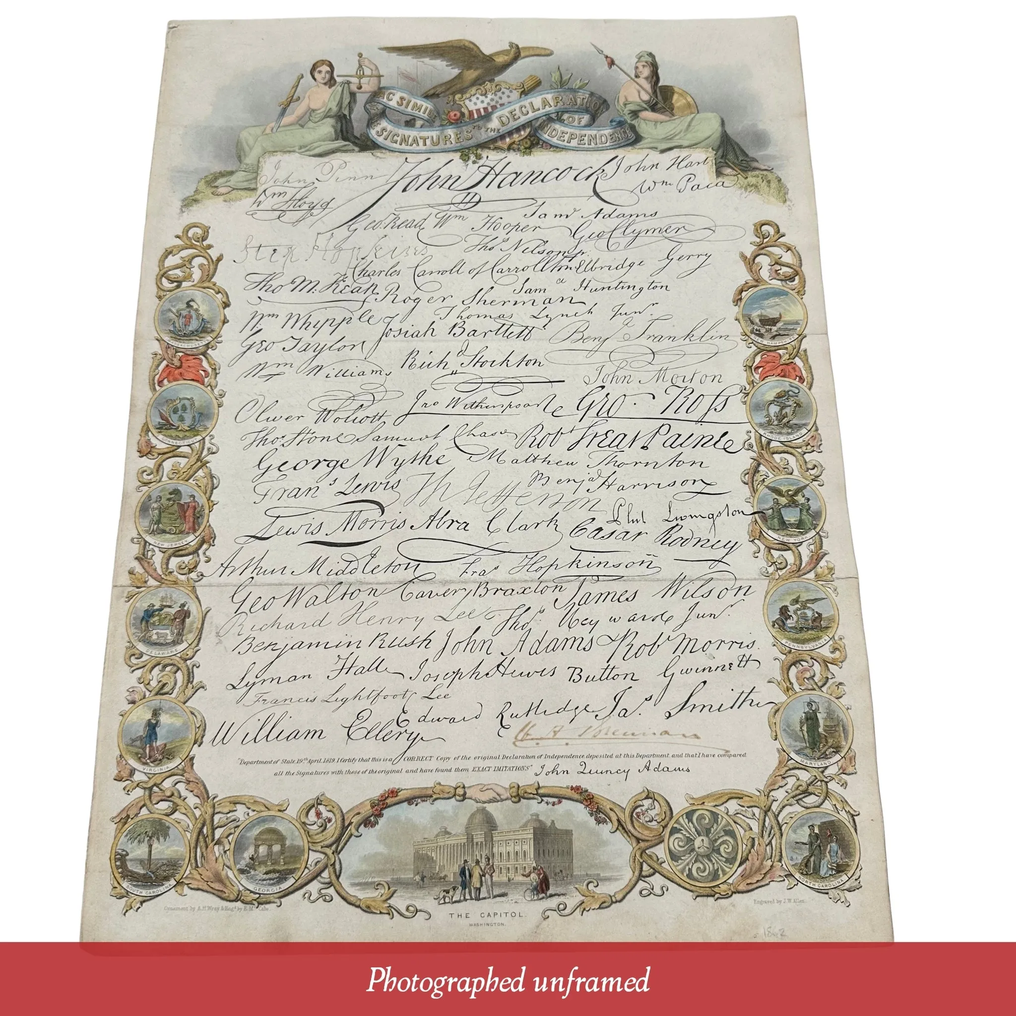 Hand-colored mid-1800s engraving with the signatures to the Declaration of Independence — In an antique frame