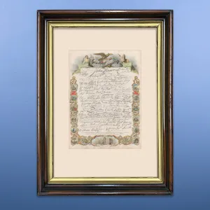 Hand-colored mid-1800s engraving with the signatures to the Declaration of Independence — In an antique frame