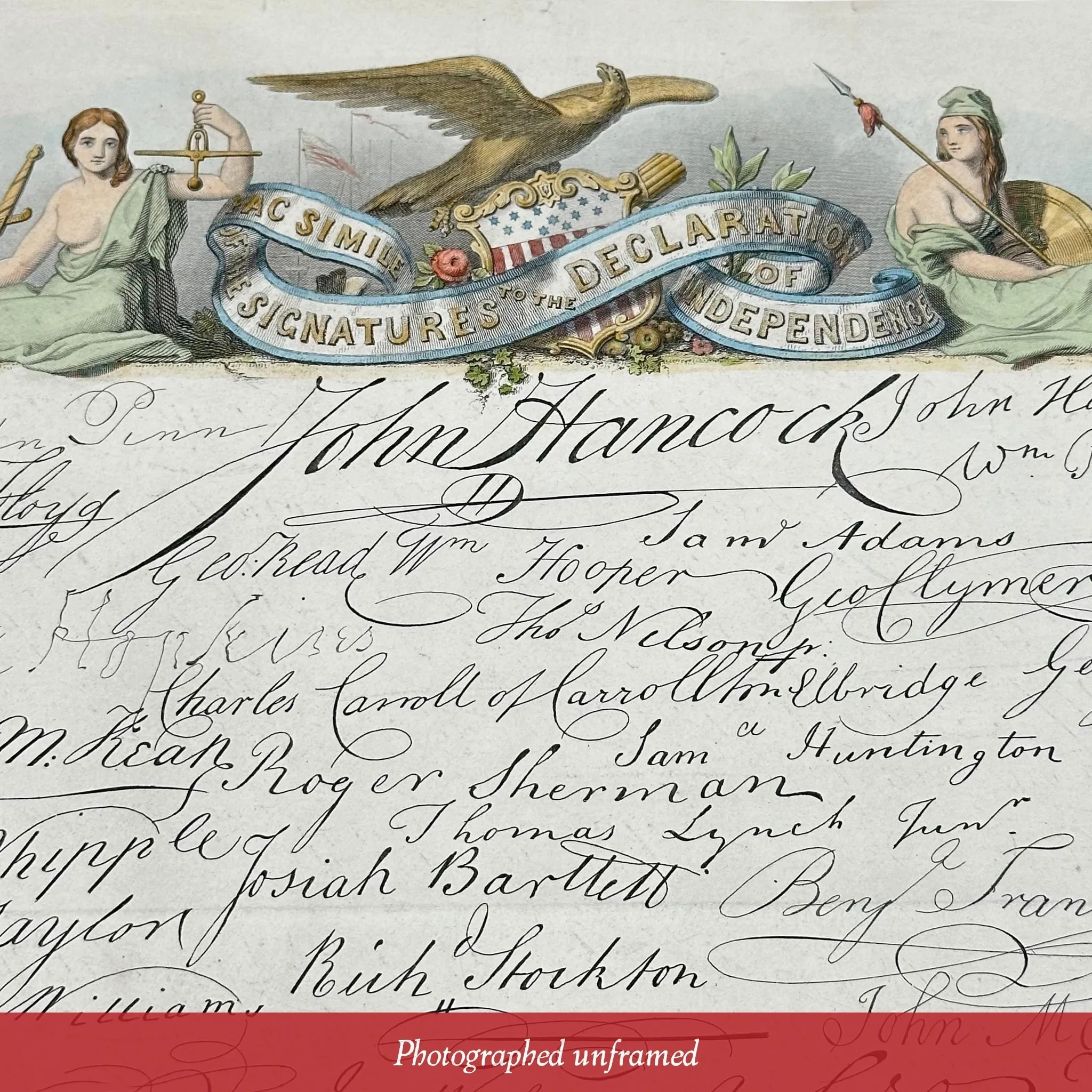 Hand-colored mid-1800s engraving with the signatures to the Declaration of Independence — In an antique frame