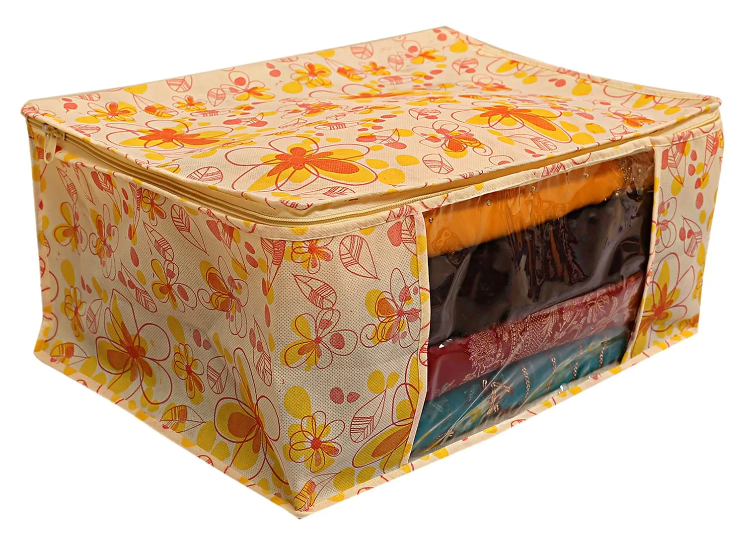 Heart Home Flower Design Non-woven Sarees, Clothes Cover/Organizer With Transparent Window- Pack of 9 (Yellow)-44HH0398