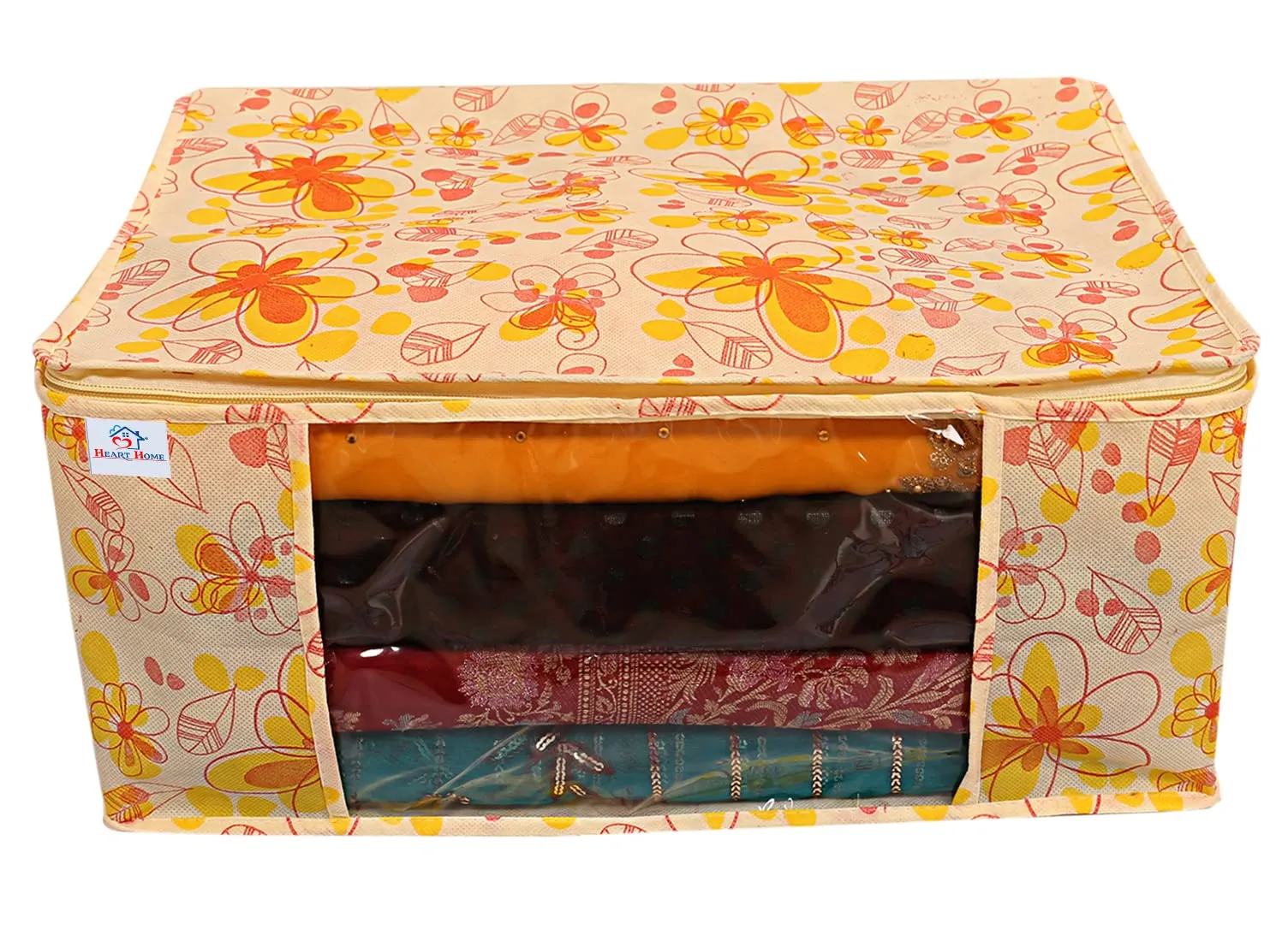 Heart Home Flower Design Non-woven Sarees, Clothes Cover/Organizer With Transparent Window- Pack of 9 (Yellow)-44HH0398