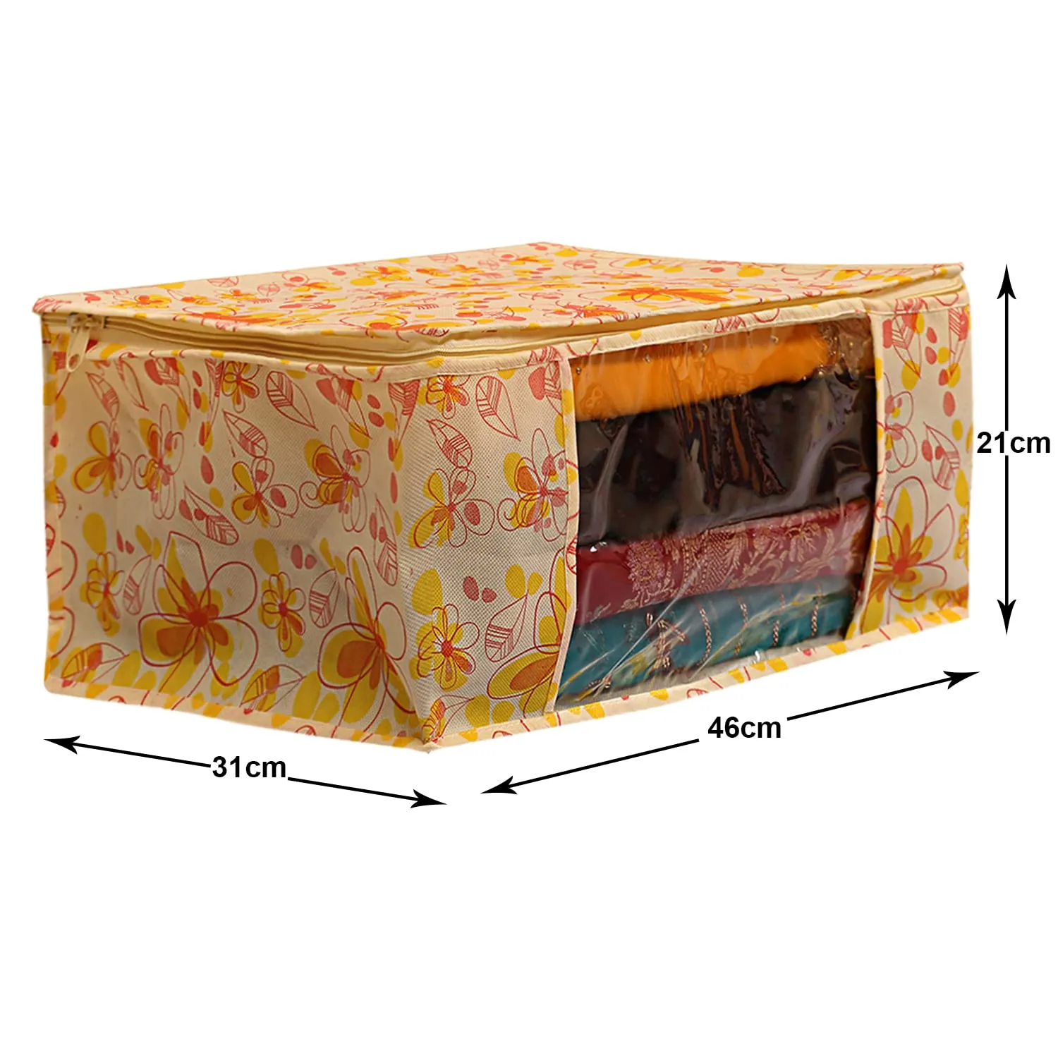 Heart Home Flower Design Non-woven Sarees, Clothes Cover/Organizer With Transparent Window- Pack of 9 (Yellow)-44HH0398