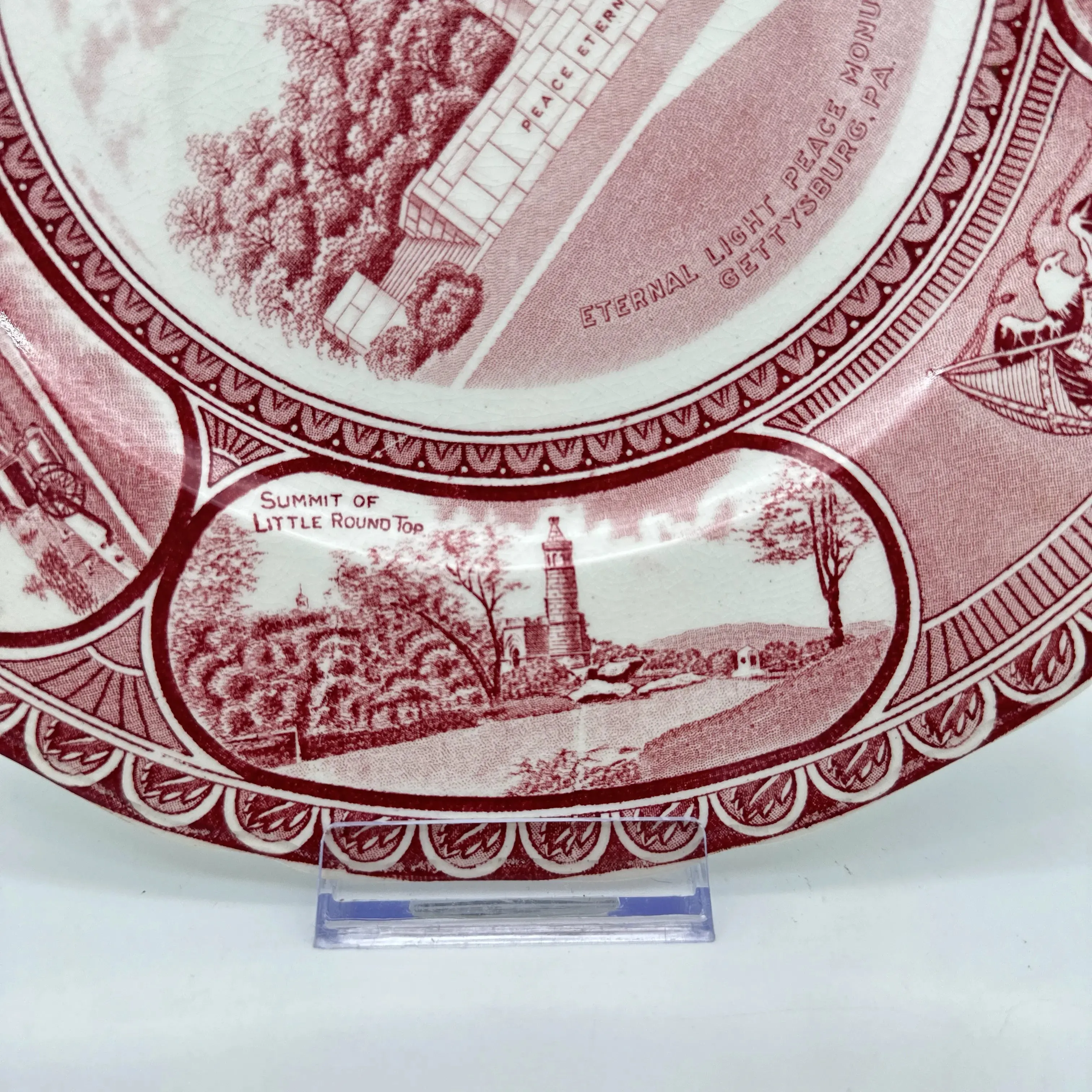 Historical Staffordshire plate showing Gettysburg and the Eternal Light Peace Memorial