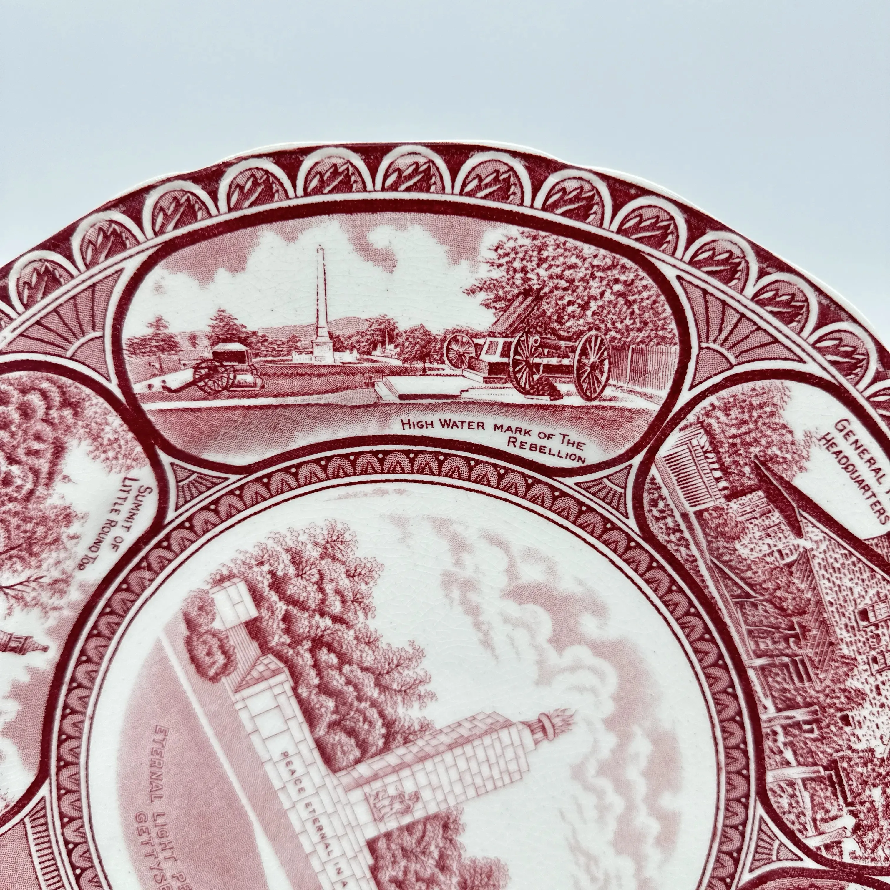 Historical Staffordshire plate showing Gettysburg and the Eternal Light Peace Memorial