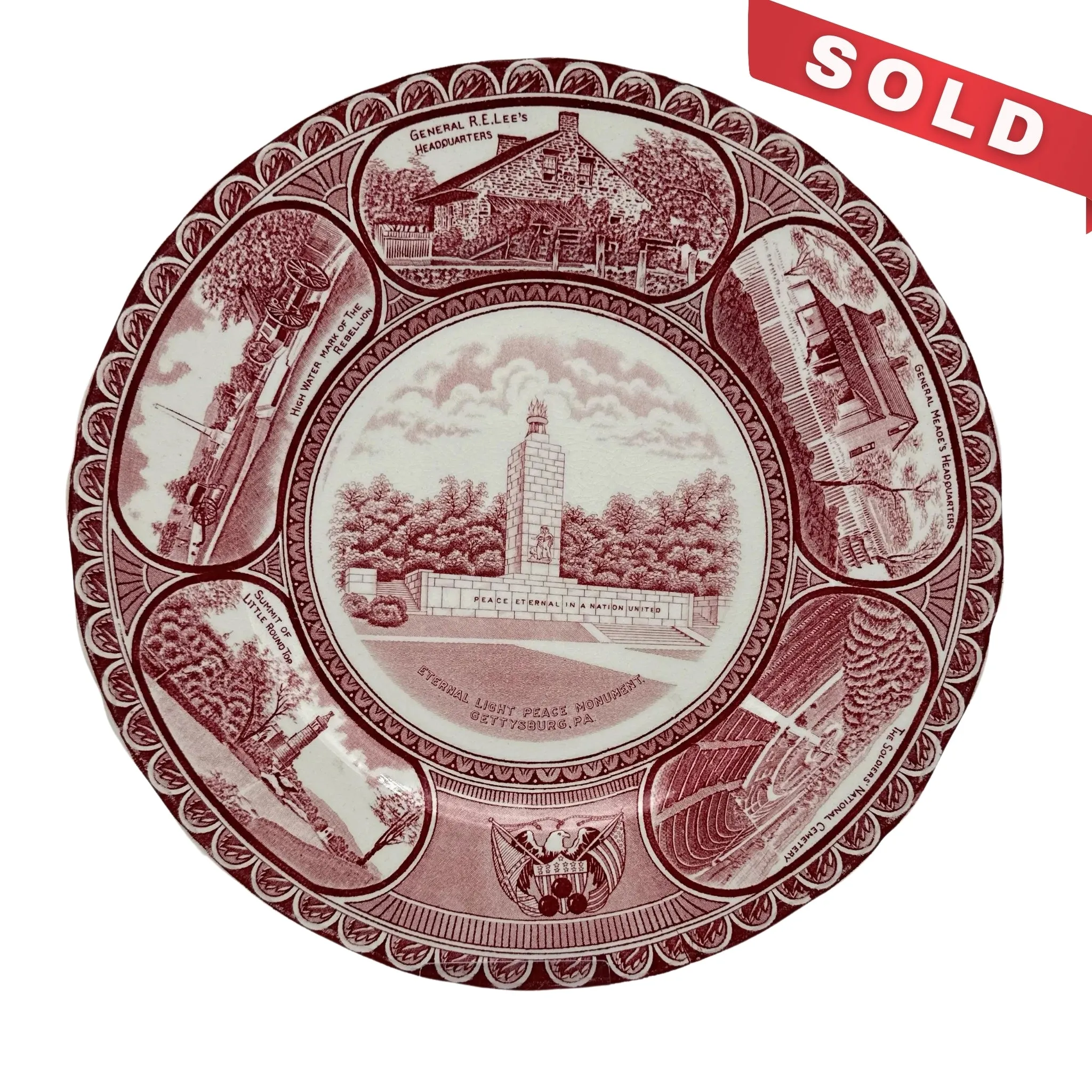 Historical Staffordshire plate showing Gettysburg and the Eternal Light Peace Memorial