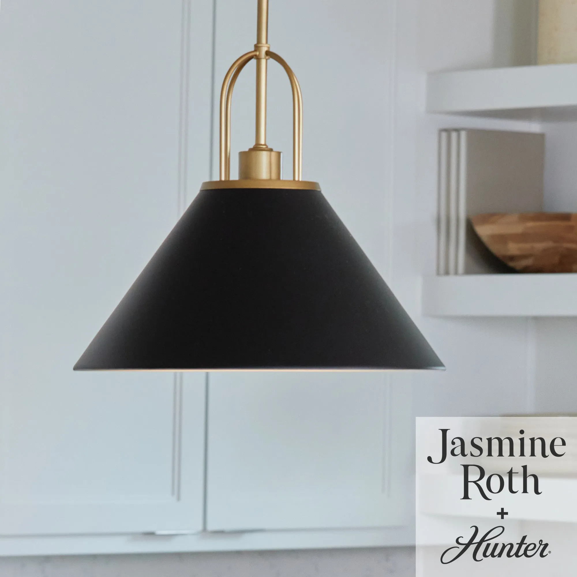 Hunter Carrington Isle Flat Matte Black and Luxe Gold 1 Light Large Pendant Ceiling Light Fixture - Jasmine Roth Collection