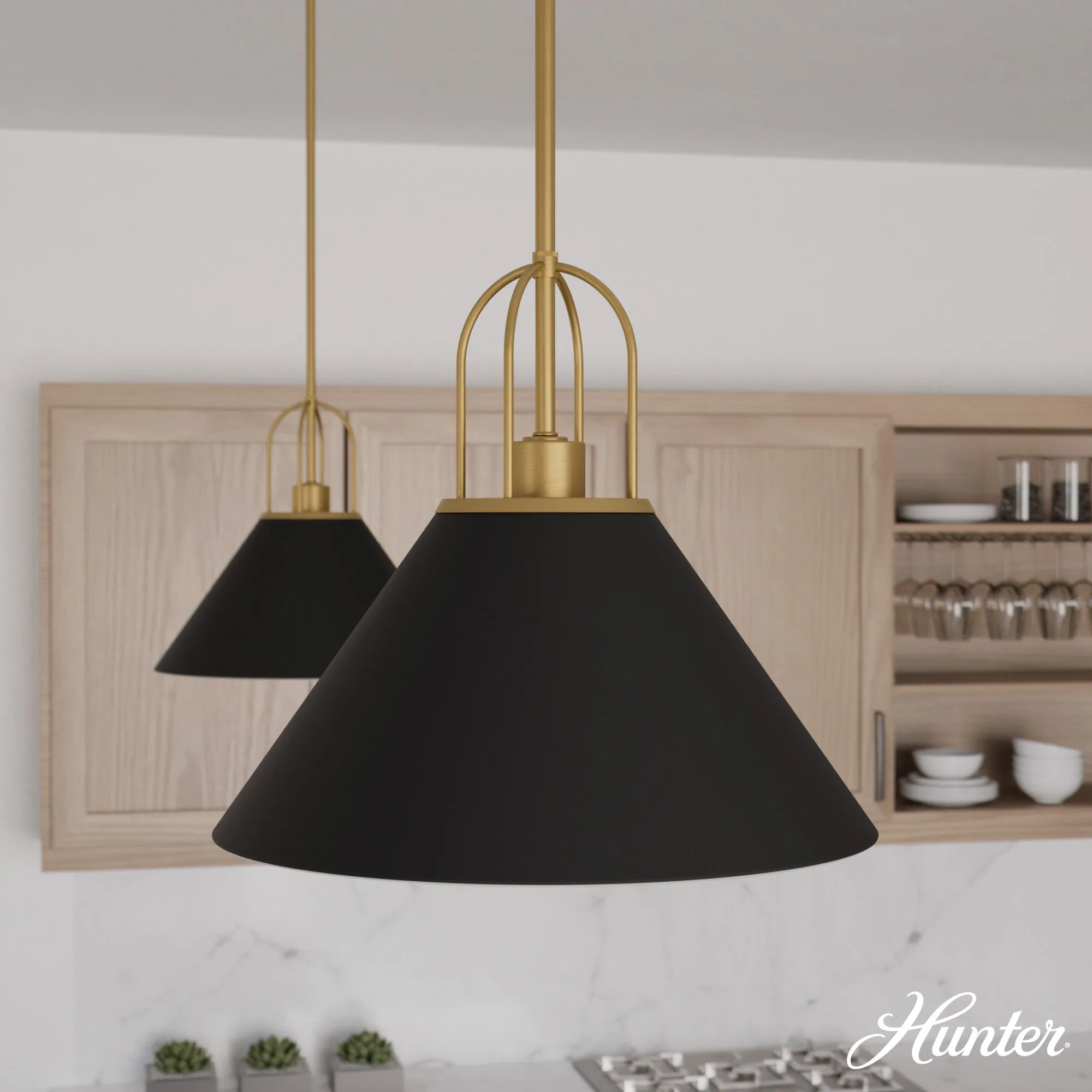 Hunter Carrington Isle Flat Matte Black and Luxe Gold 1 Light Large Pendant Ceiling Light Fixture - Jasmine Roth Collection