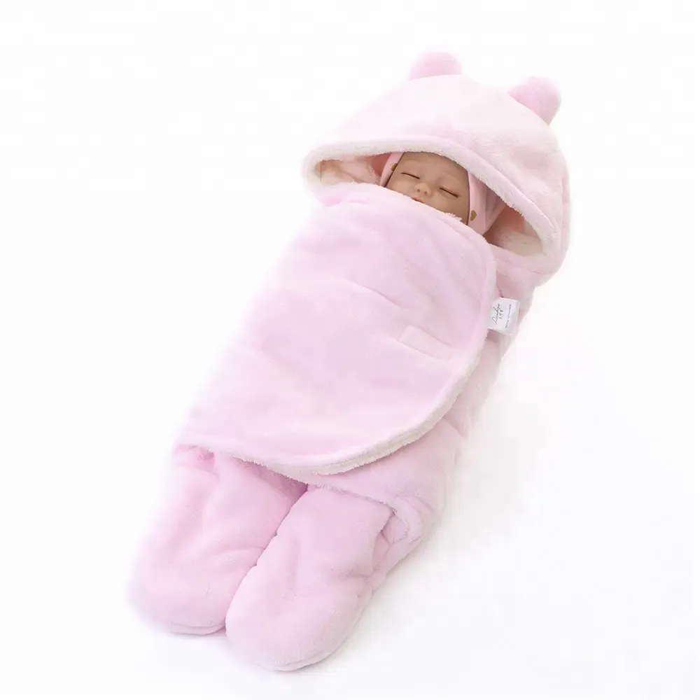 Imported Winter Baby Super Soft Sleeping Bag Flannel Coral Fleece Swaddle Wrap with Legs and Hood Receiving Blanket 0-6 Months