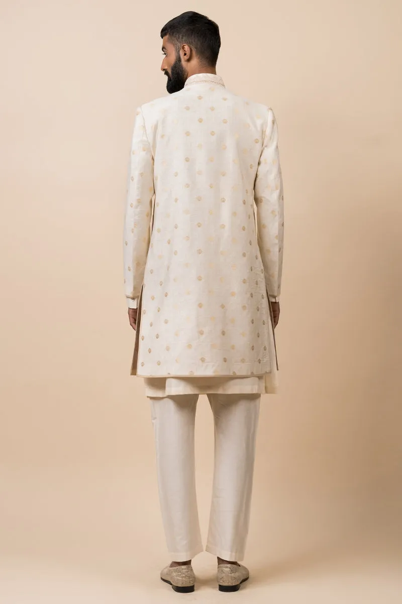 Ivory Classic Achkan With Embroidered Collar