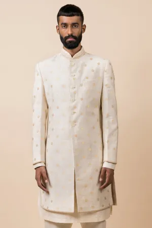 Ivory Classic Achkan With Embroidered Collar