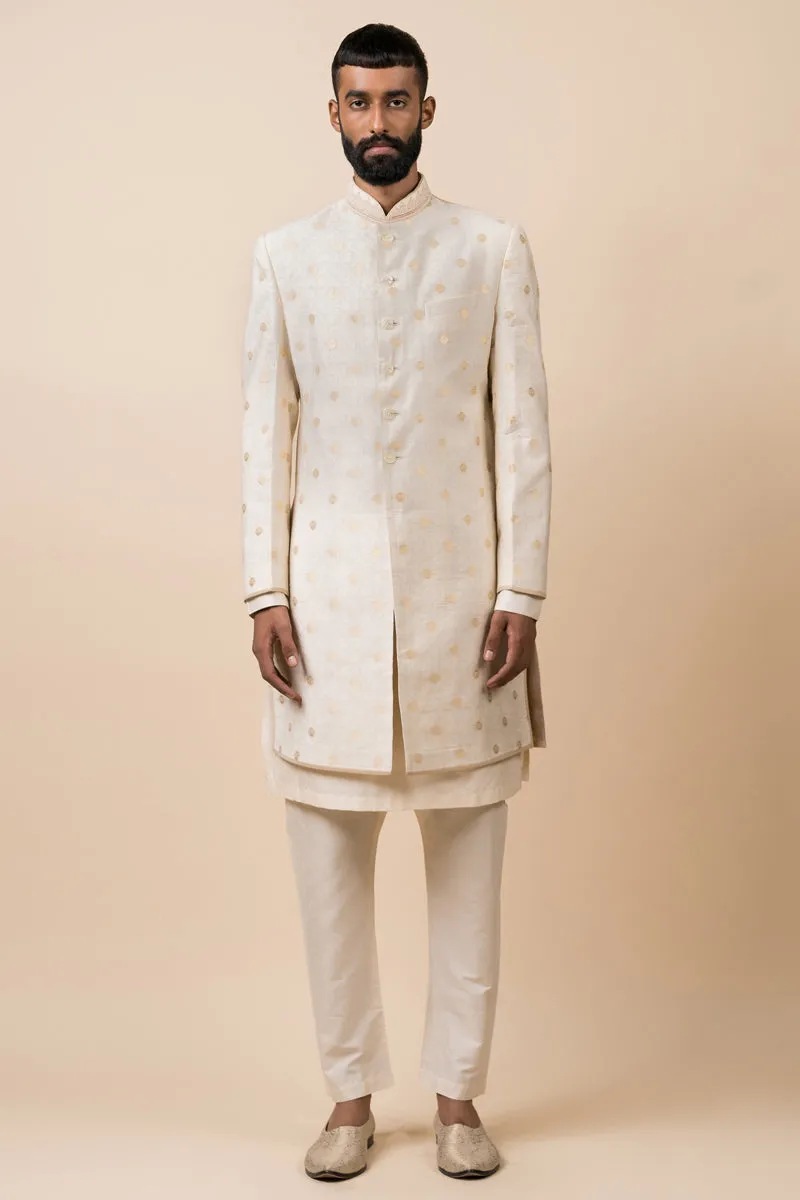 Ivory Classic Achkan With Embroidered Collar