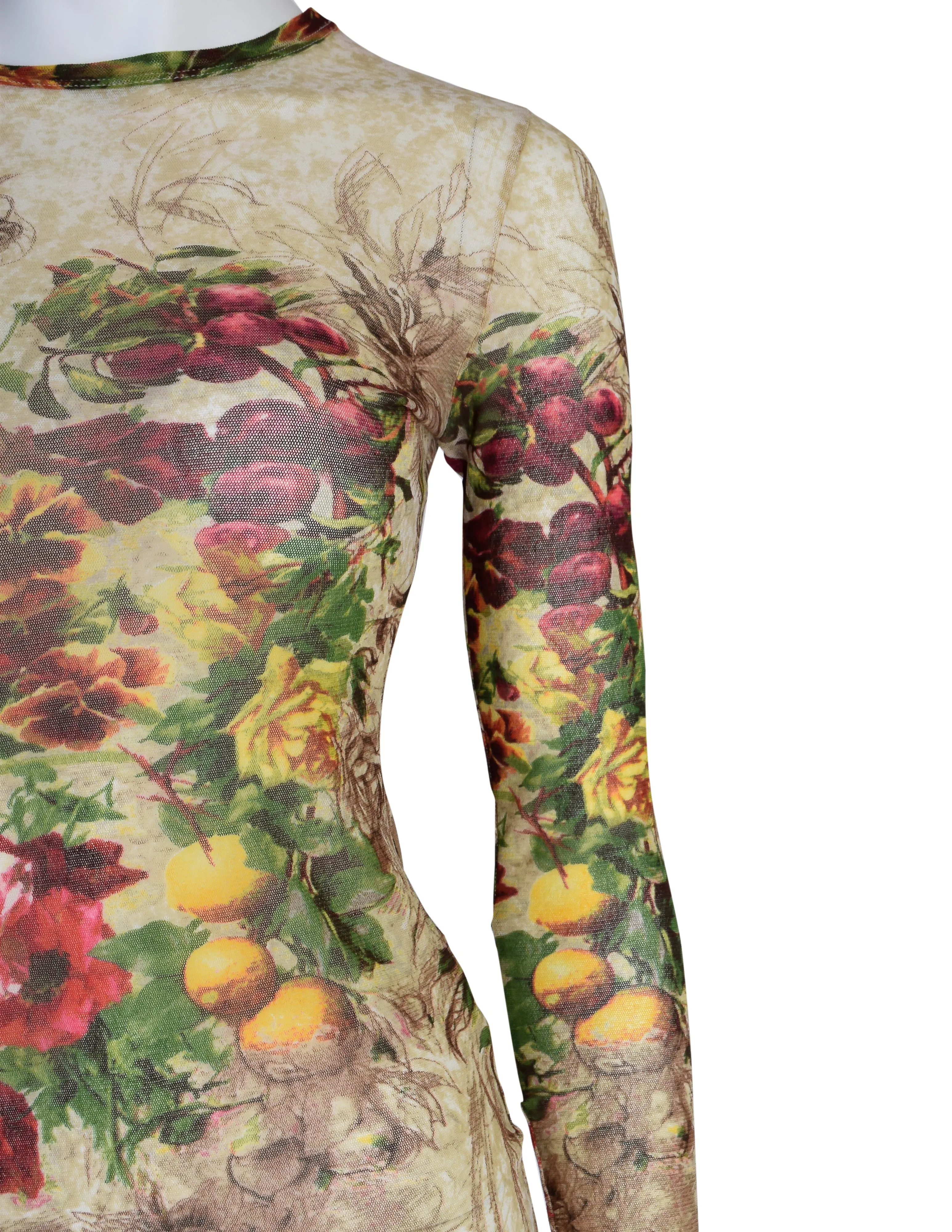 Jean Paul Gaultier Vintage SS 1999 Floral Fruits Botanical Print Mesh Long Sleeve Shirt