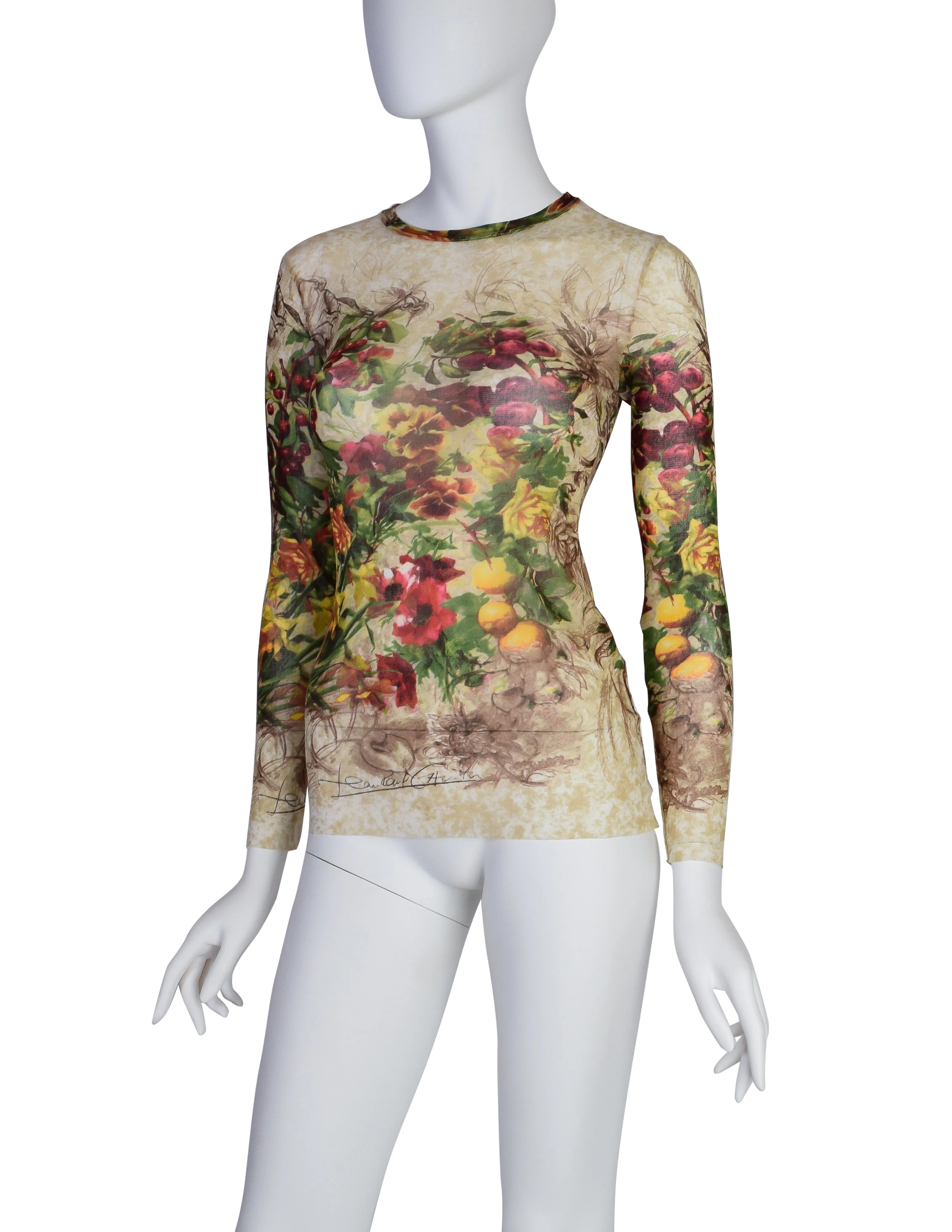 Jean Paul Gaultier Vintage SS 1999 Floral Fruits Botanical Print Mesh Long Sleeve Shirt