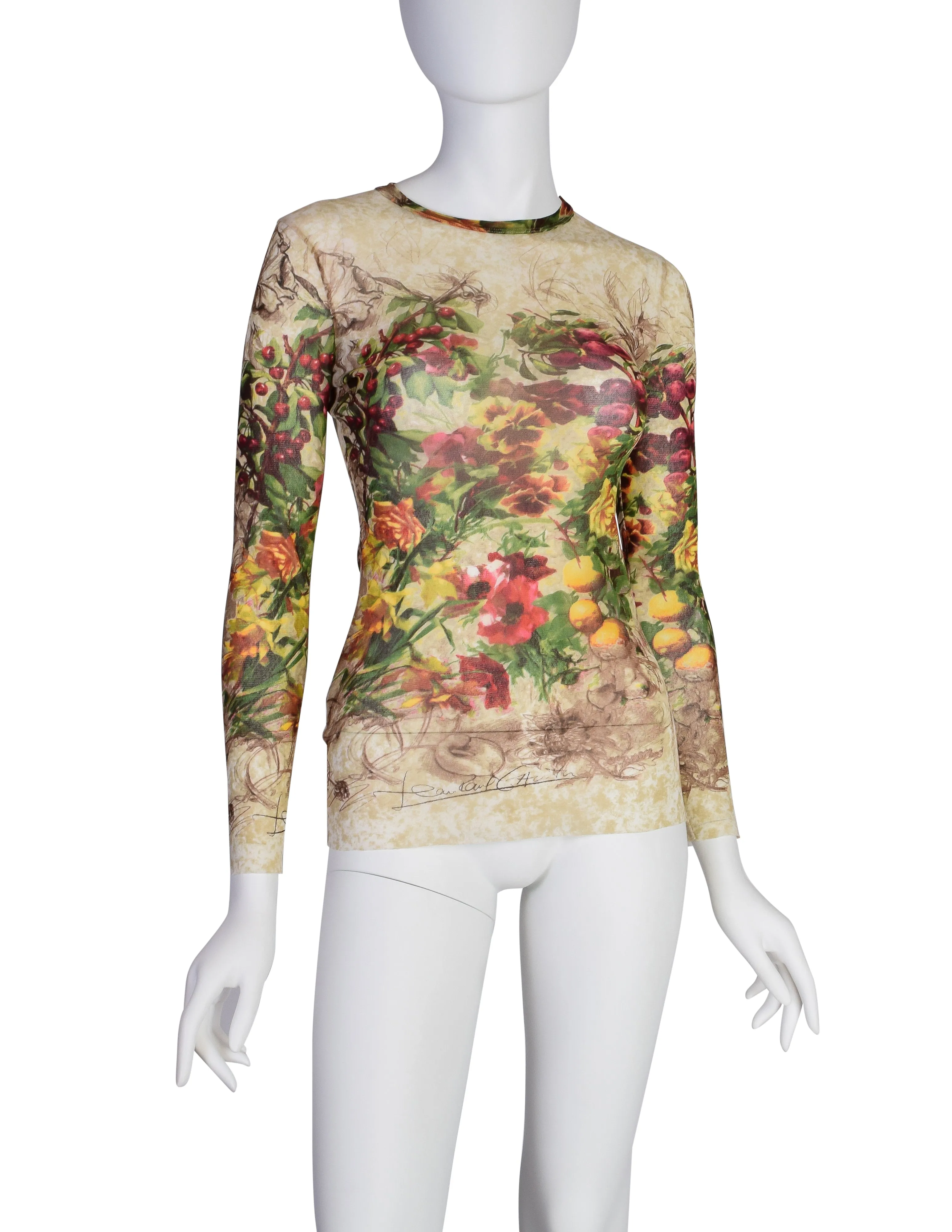 Jean Paul Gaultier Vintage SS 1999 Floral Fruits Botanical Print Mesh Long Sleeve Shirt