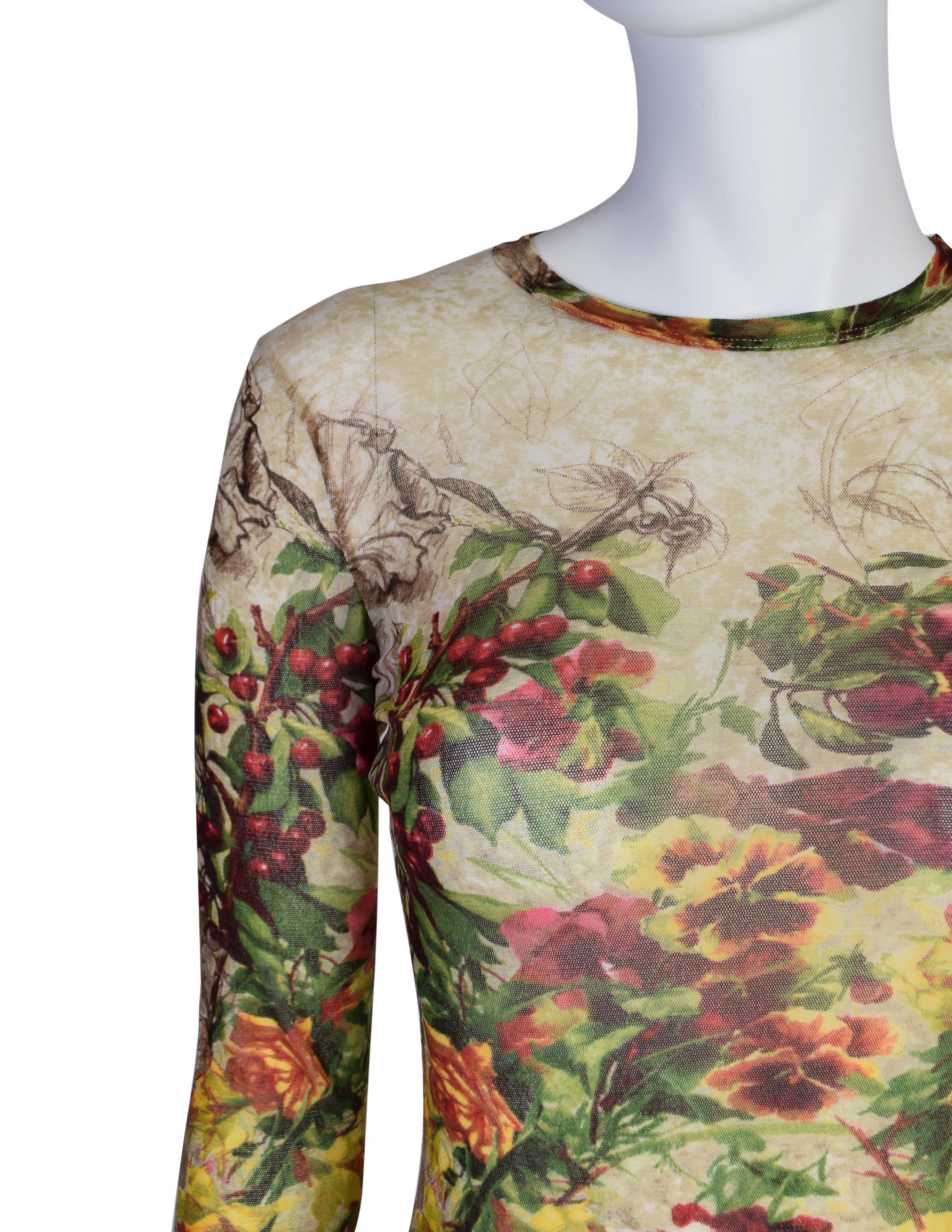 Jean Paul Gaultier Vintage SS 1999 Floral Fruits Botanical Print Mesh Long Sleeve Shirt