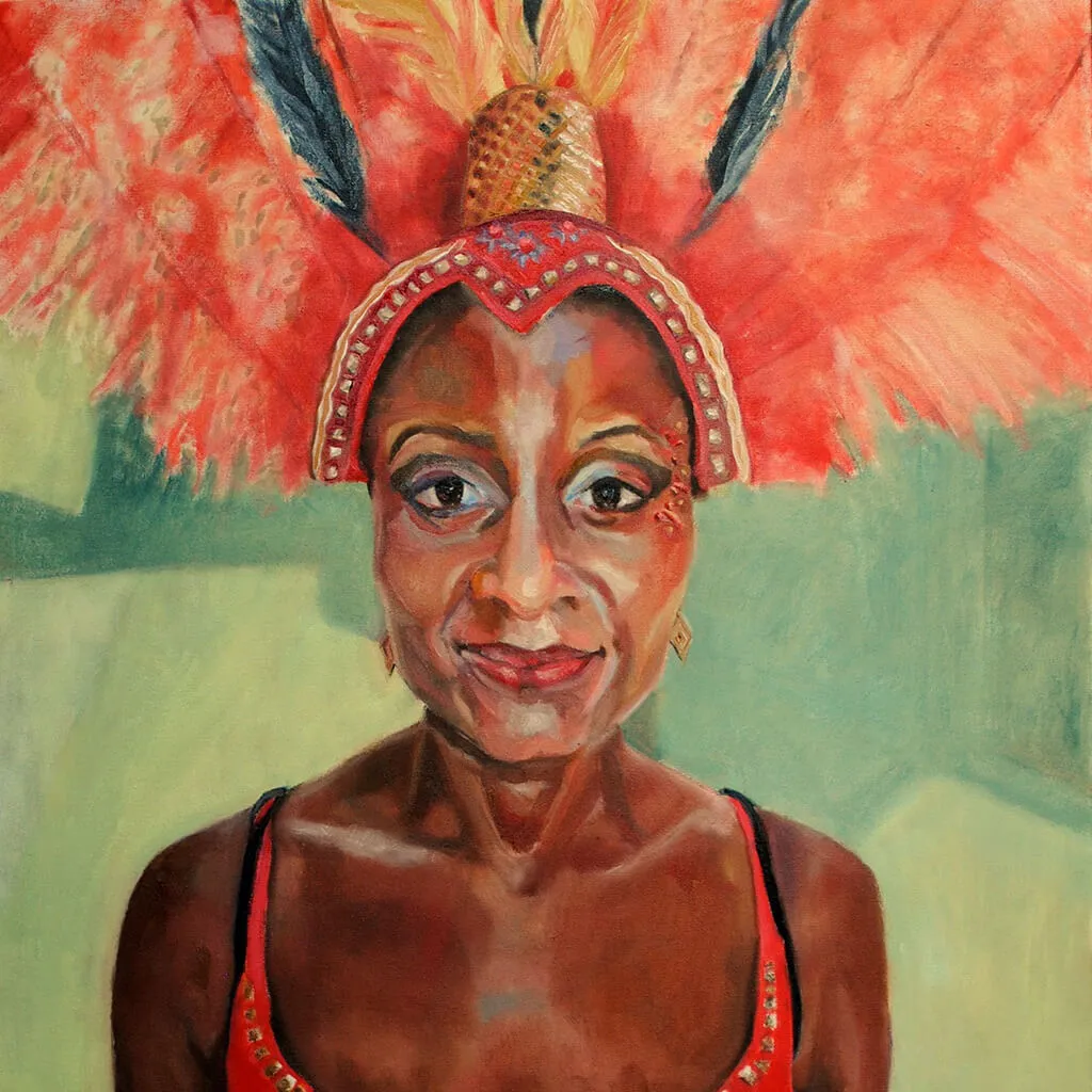 Jumping up! Notting Hill Carnival dancer portrait by Stella Tooth