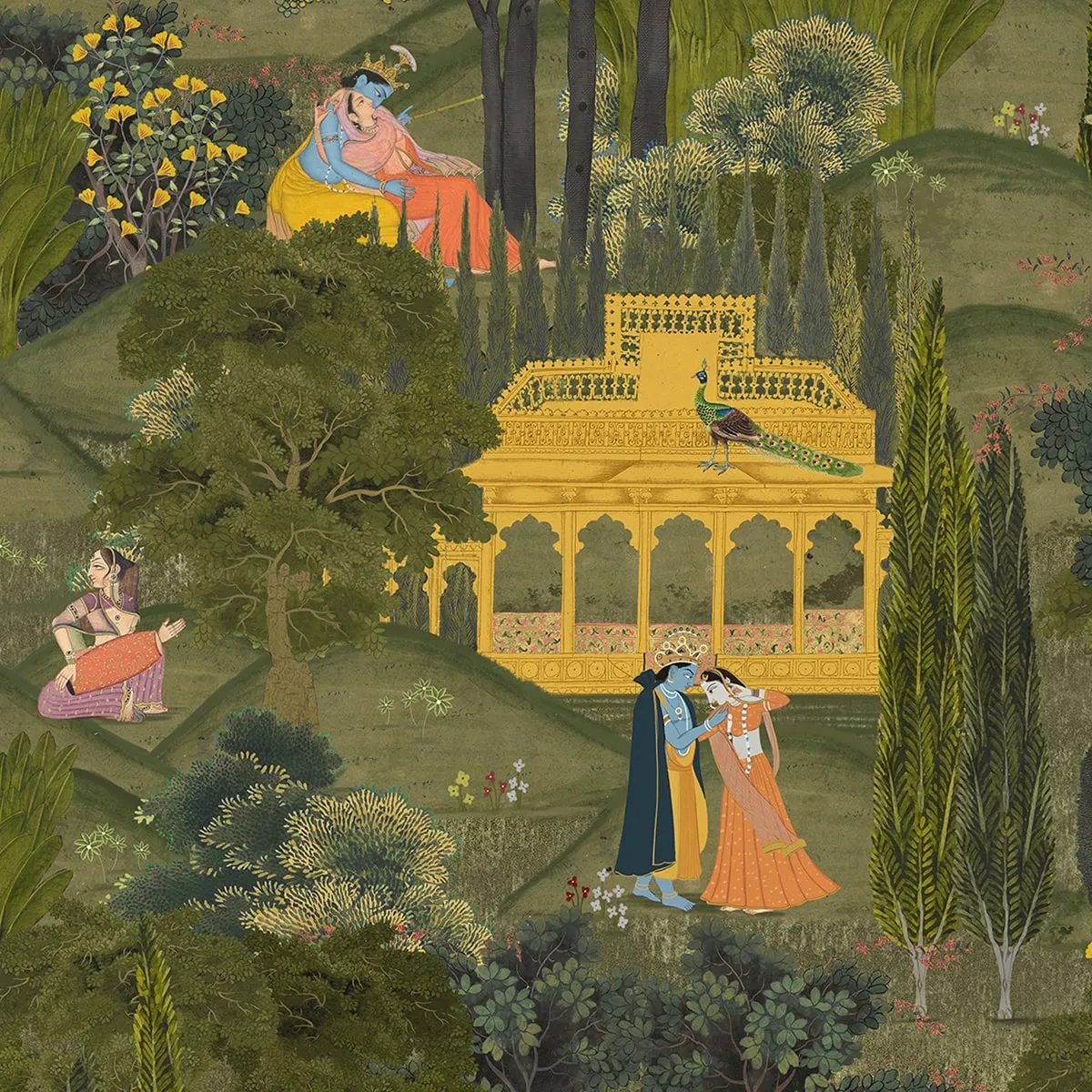 Kanhaiya: Radha and Krishna's Golden Embrace Wallpaper