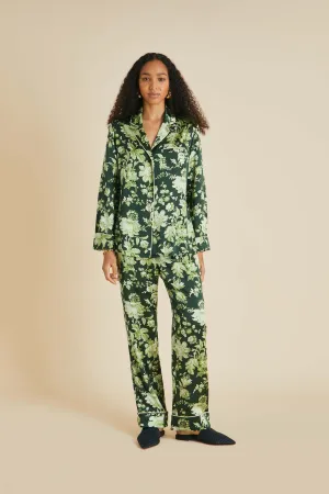 Lila Ares Green Floral Pajamas in Silk Satin