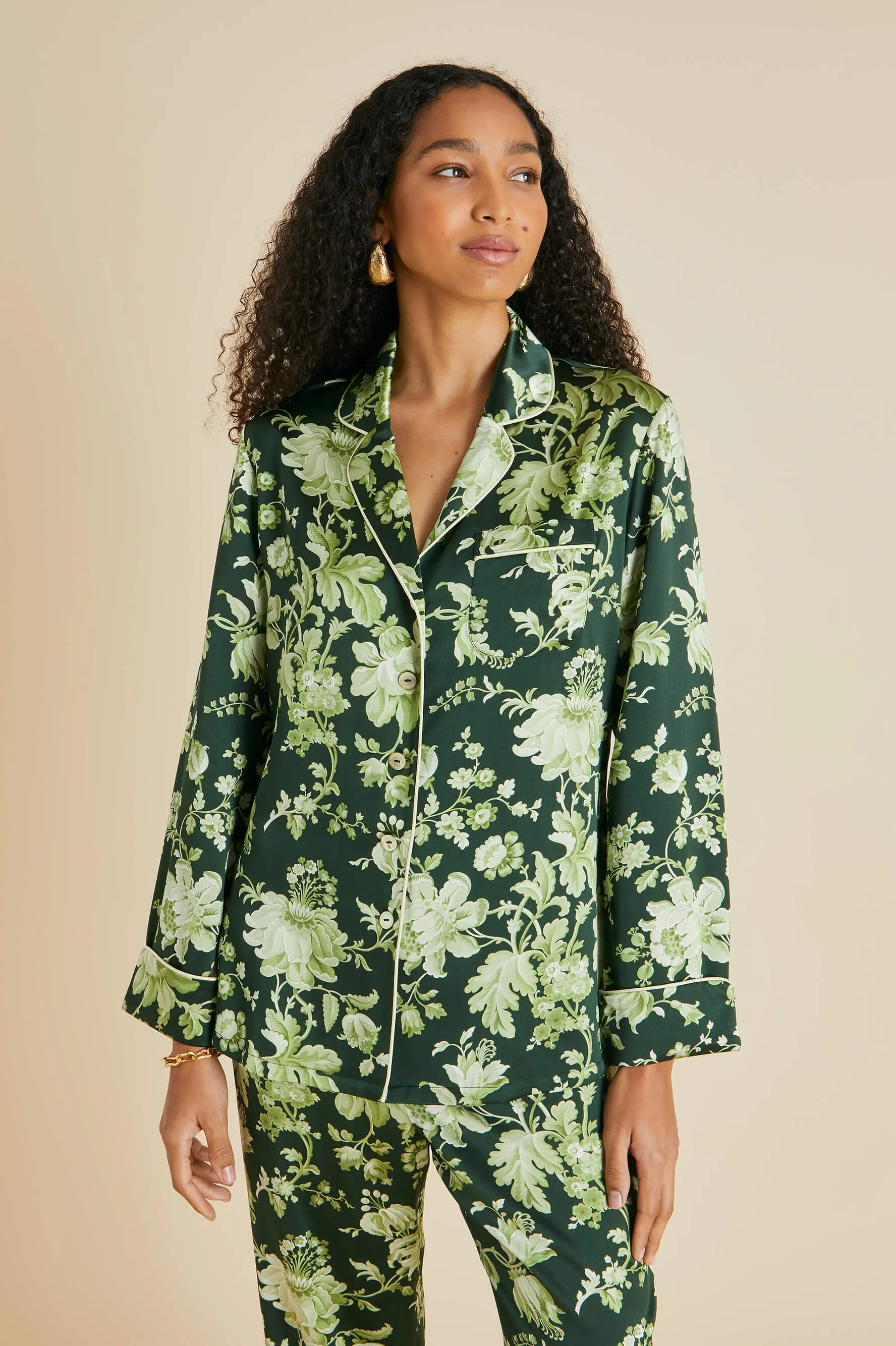 Lila Ares Green Floral Pajamas in Silk Satin