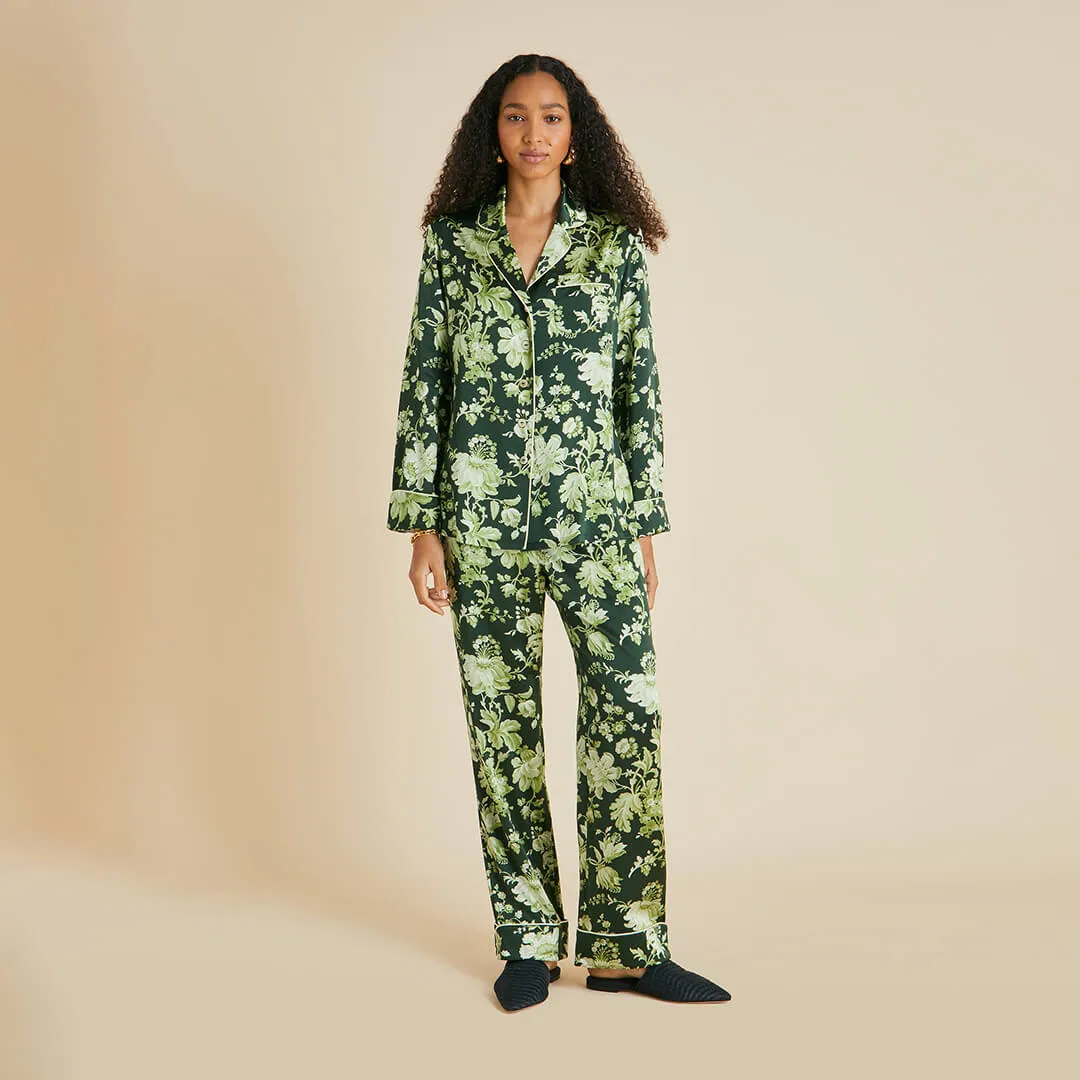 Lila Ares Green Floral Pajamas in Silk Satin