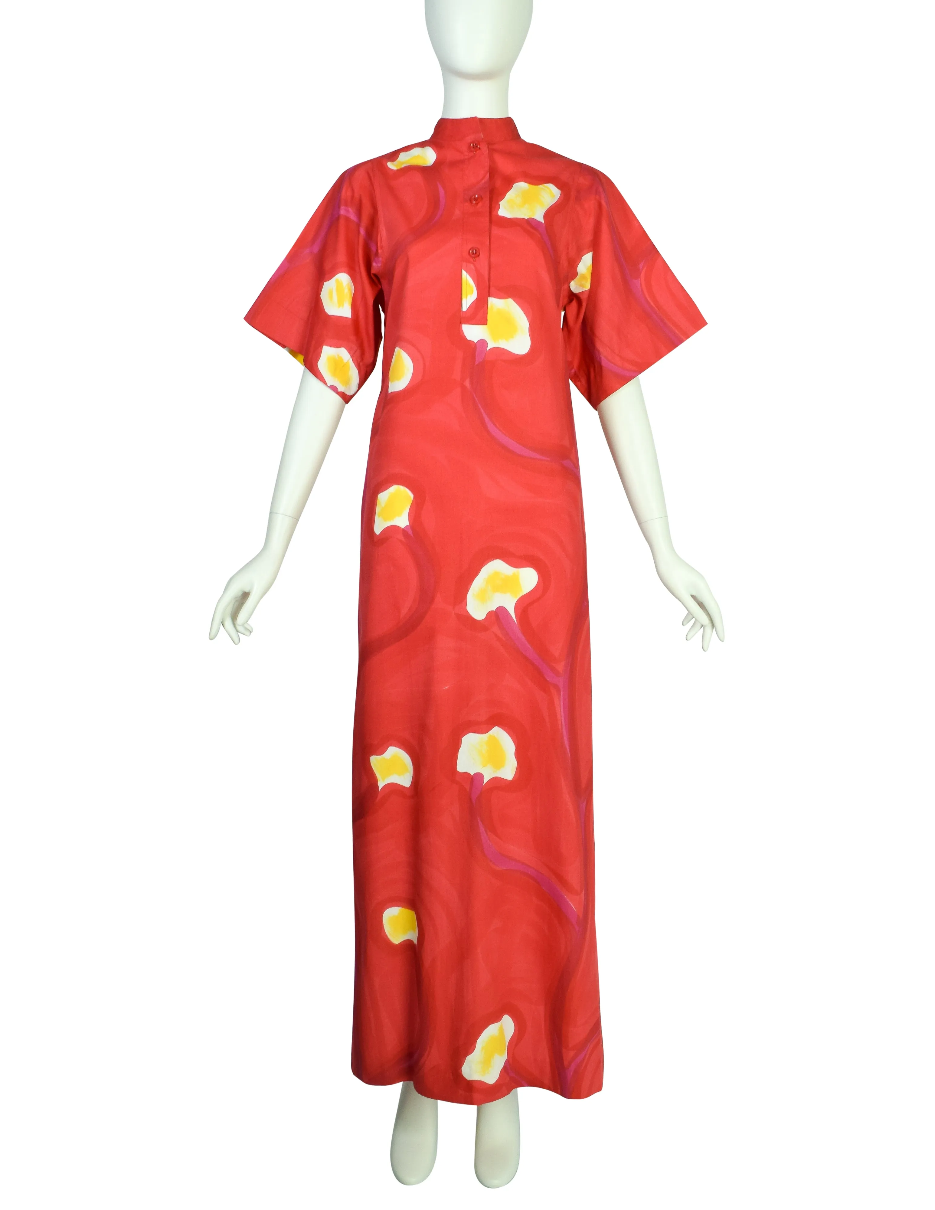 Livio de Simone Vintage Red Painterly Abstract Floral Cotton Caftan Dress