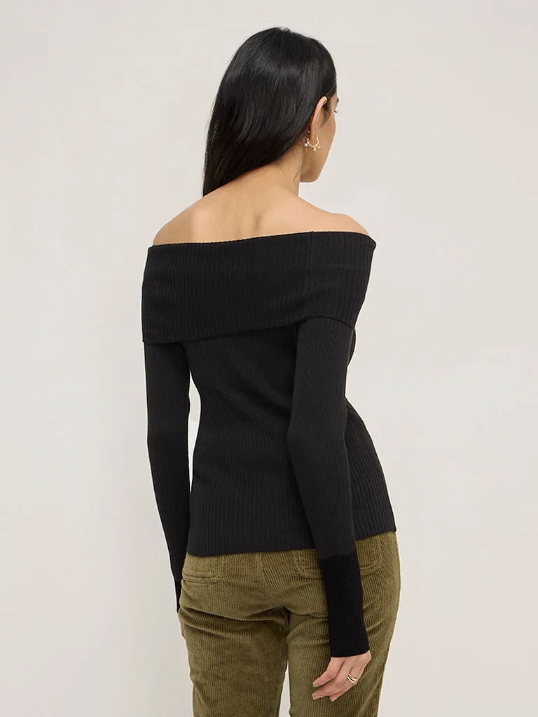 LOV Black Ribbed Textured Off-Shoulder Top