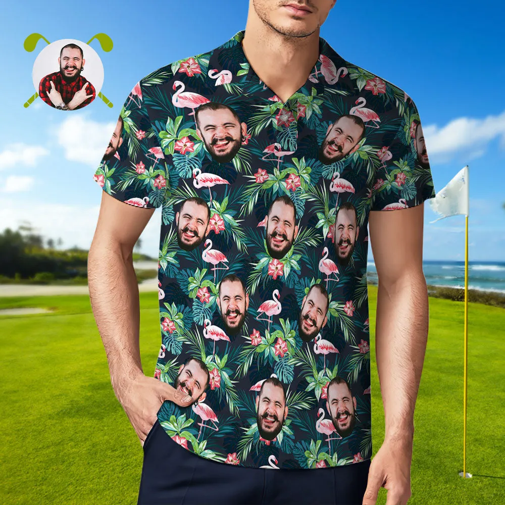 Men's Custom Face POLO Shirt Personalised Golf Shirts For Him Flamingo Flower Christmas Gift