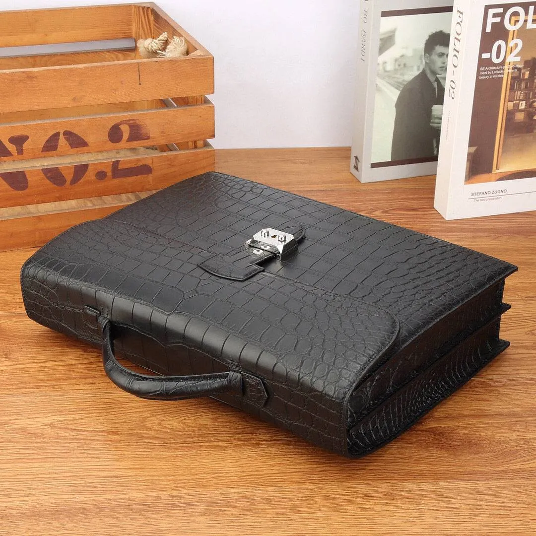 Mens Matt Crocodile Leather Briefcase Black