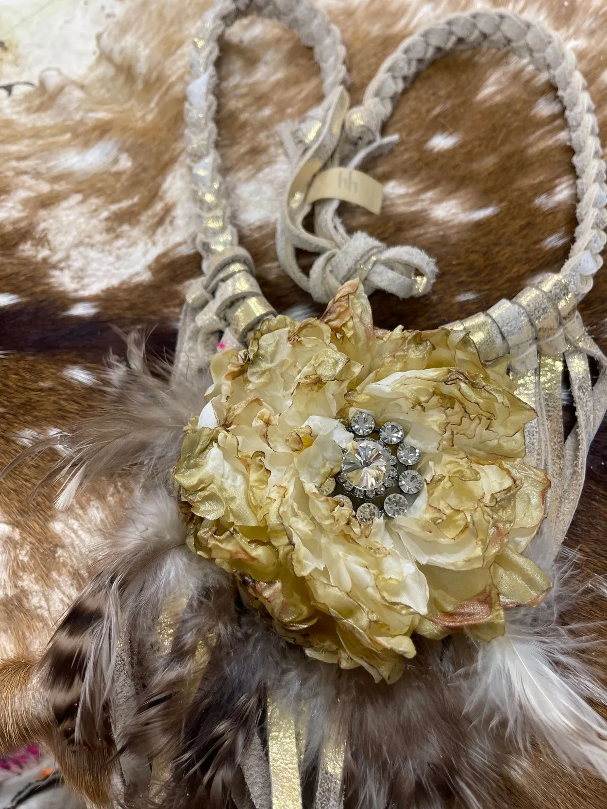 Metallic Gold Leather Braided Necklace w/ Fabulous Flower & Feather Pendant