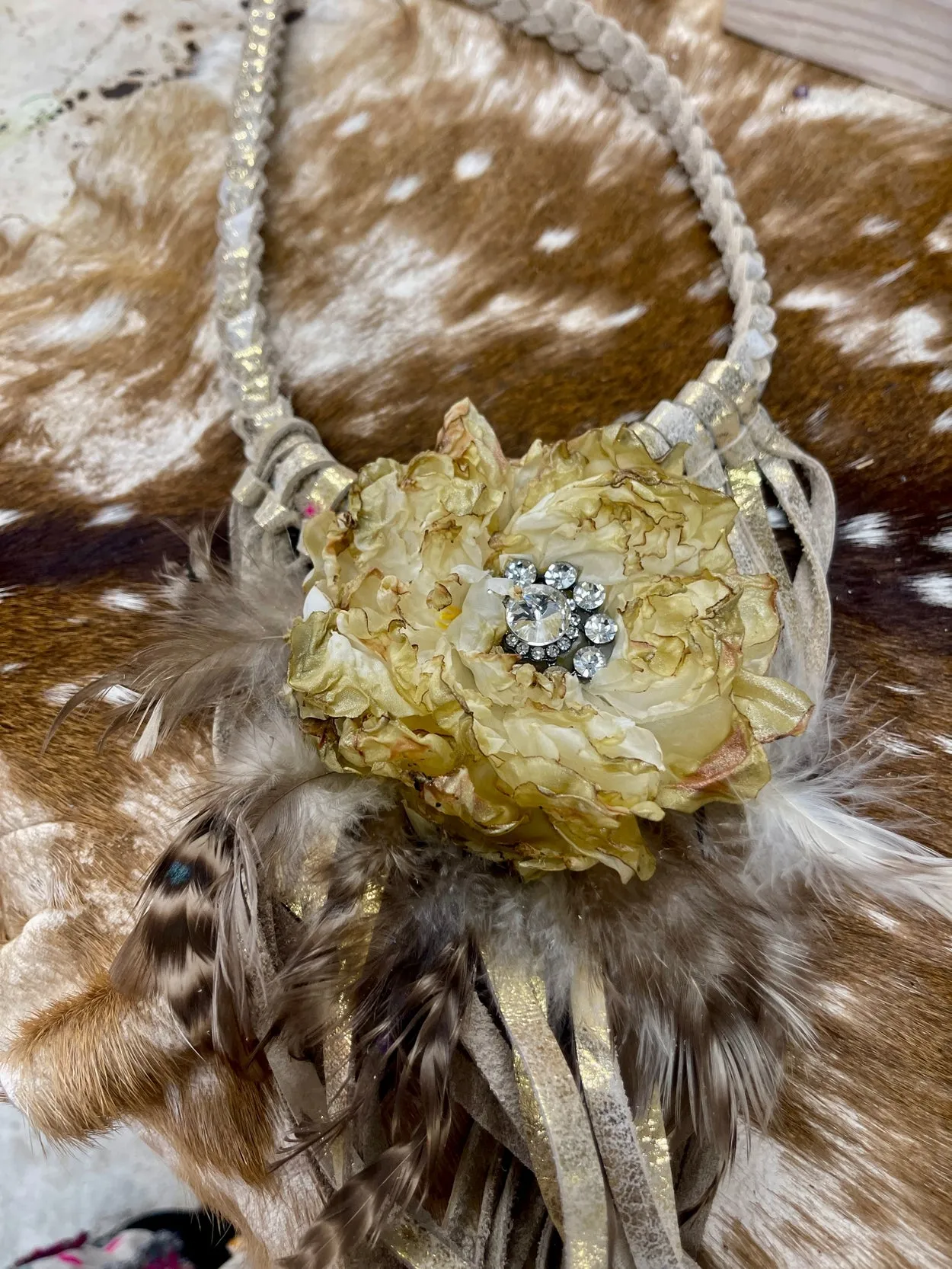 Metallic Gold Leather Braided Necklace w/ Fabulous Flower & Feather Pendant