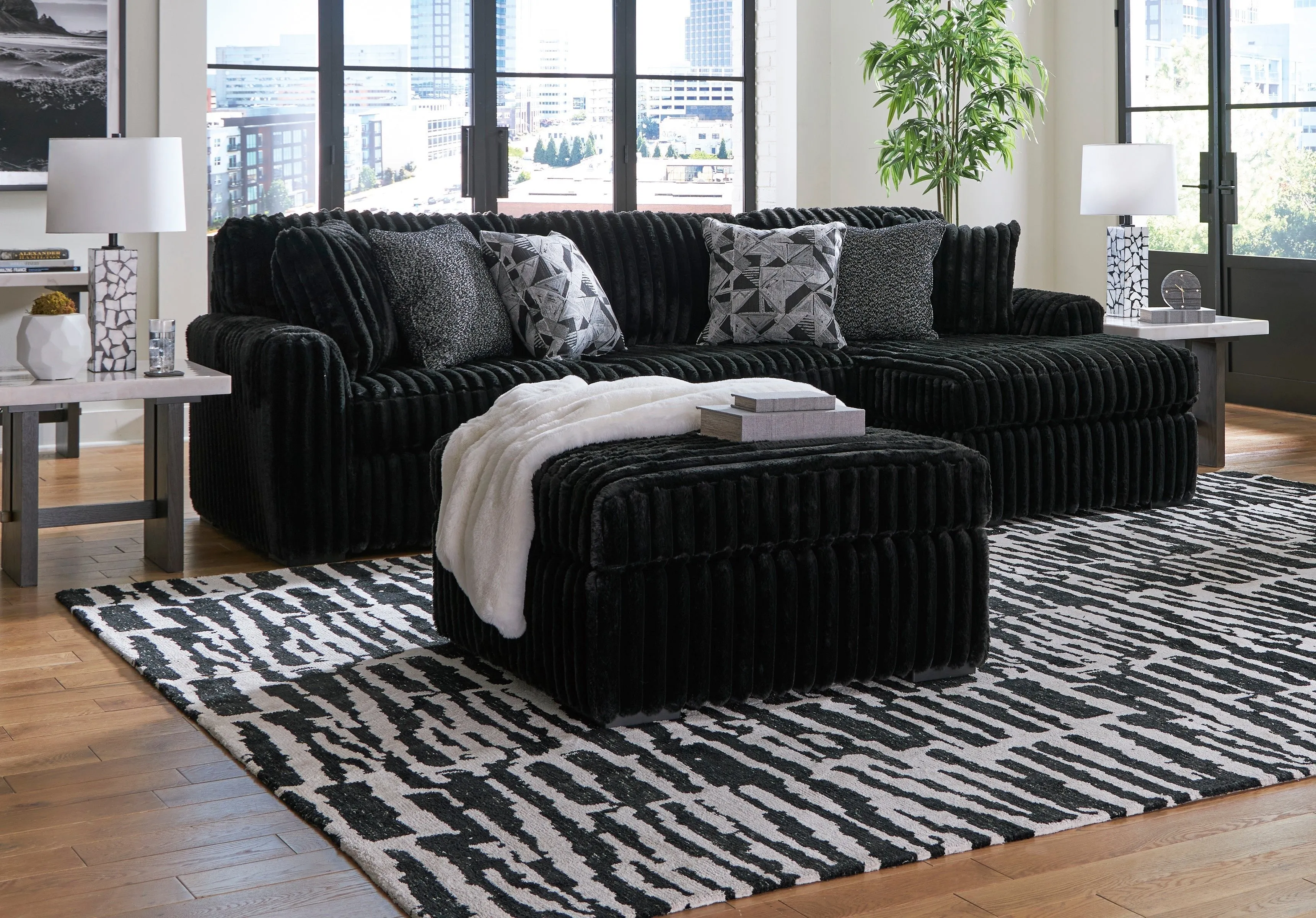 Midnight-Madness Onyx RAF Chase Sectional and Ottoman