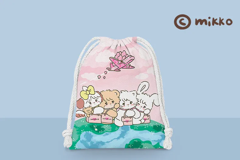 Mikko illustration Drawstring Pockets | Outing Bear Latte Dog Souffie Kitten Mousse Rabbit Cammy - 3 Size Tidy up Bag Kawaii Style