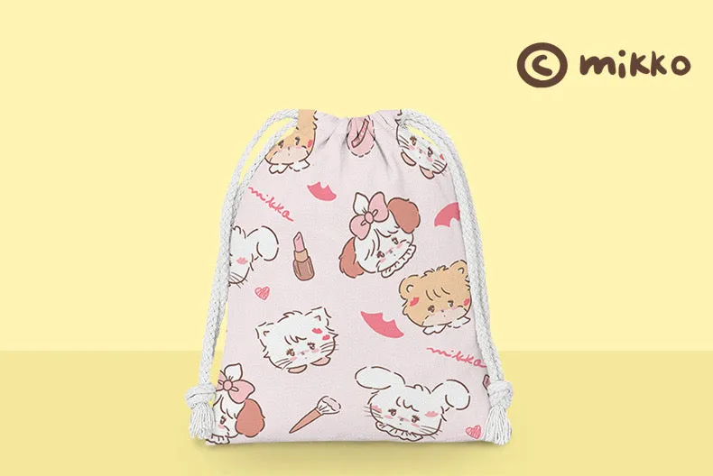 Mikko illustration Drawstring Pockets | Outing Bear Latte Dog Souffie Kitten Mousse Rabbit Cammy - 3 Size Tidy up Bag Kawaii Style