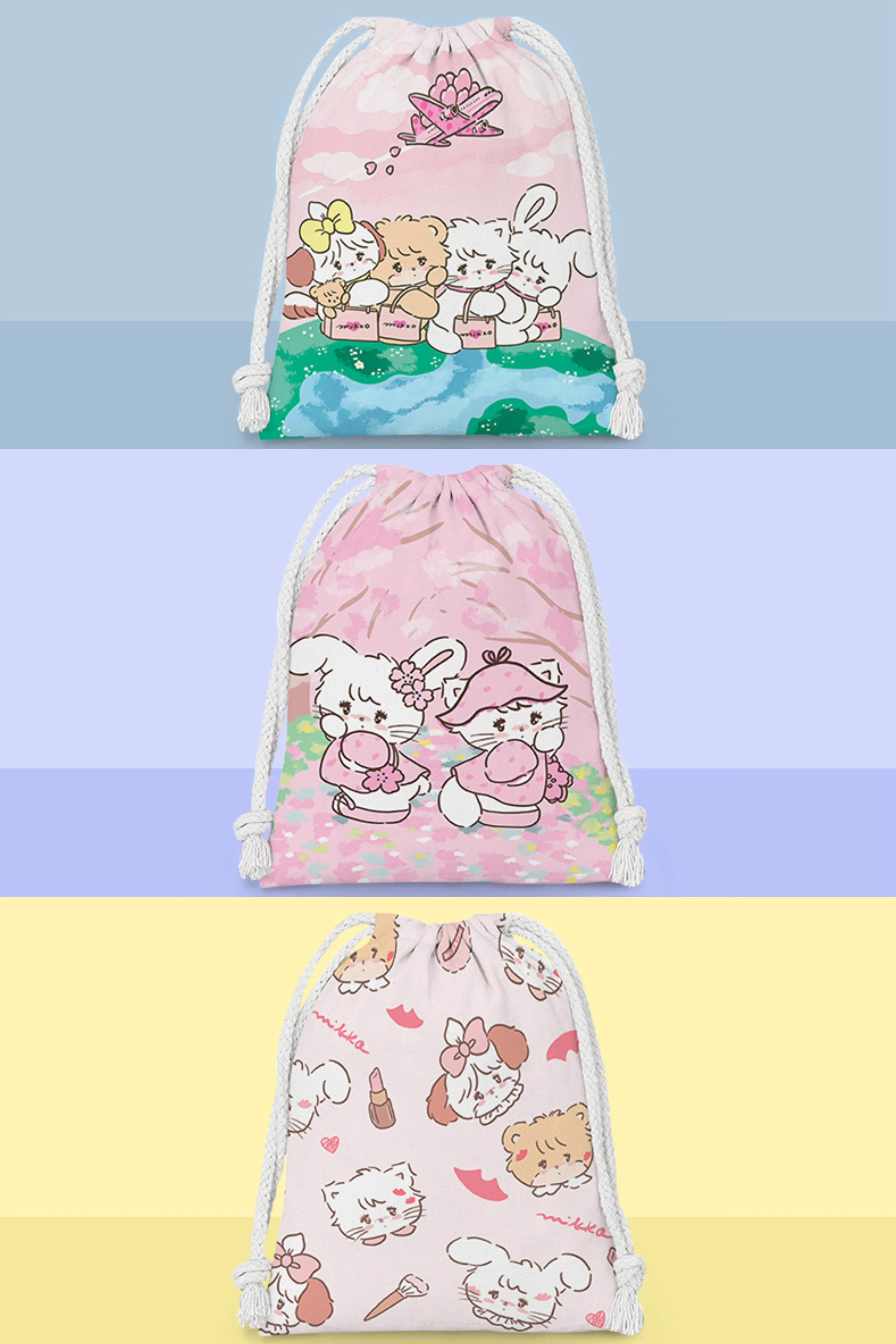 Mikko illustration Drawstring Pockets | Outing Bear Latte Dog Souffie Kitten Mousse Rabbit Cammy - 3 Size Tidy up Bag Kawaii Style