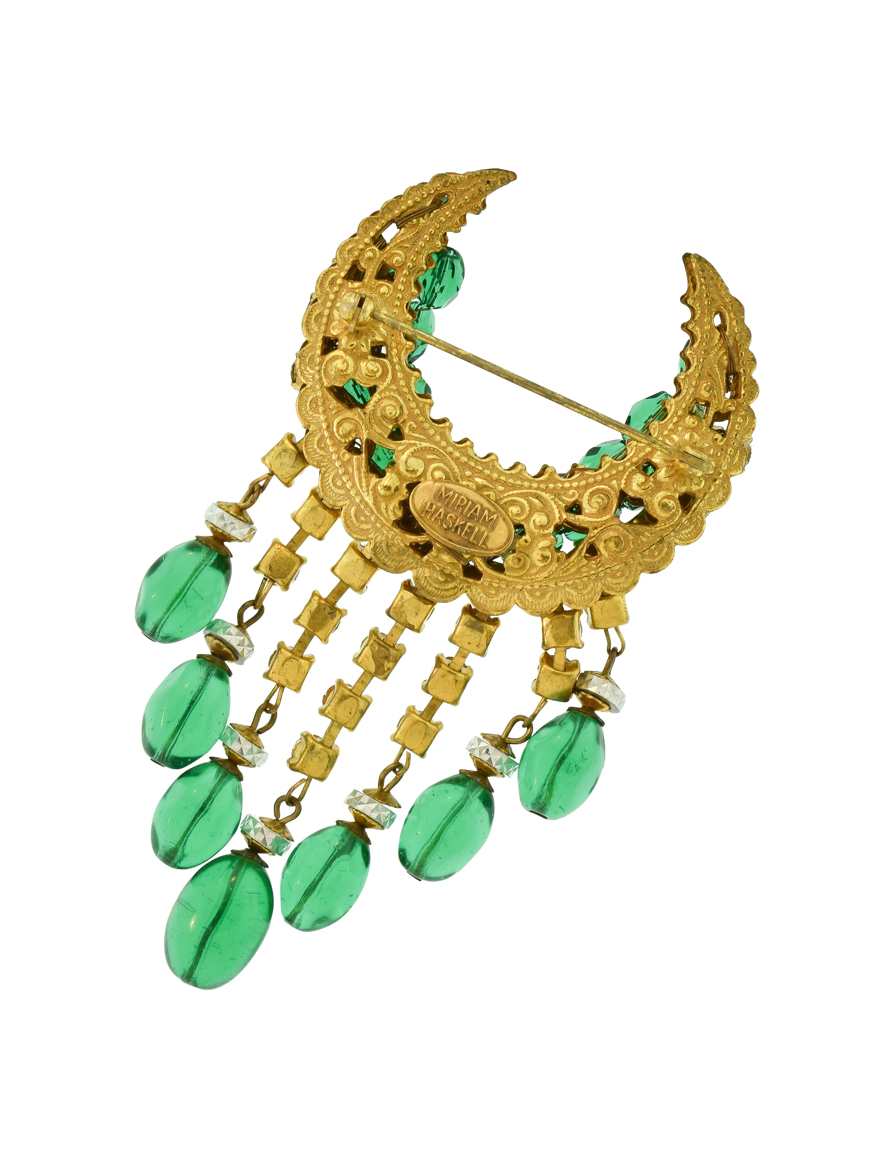 Miriam Haskell Vintage Emerald Glass Rhinestone Fringe Brass Crescent Brooch Pin