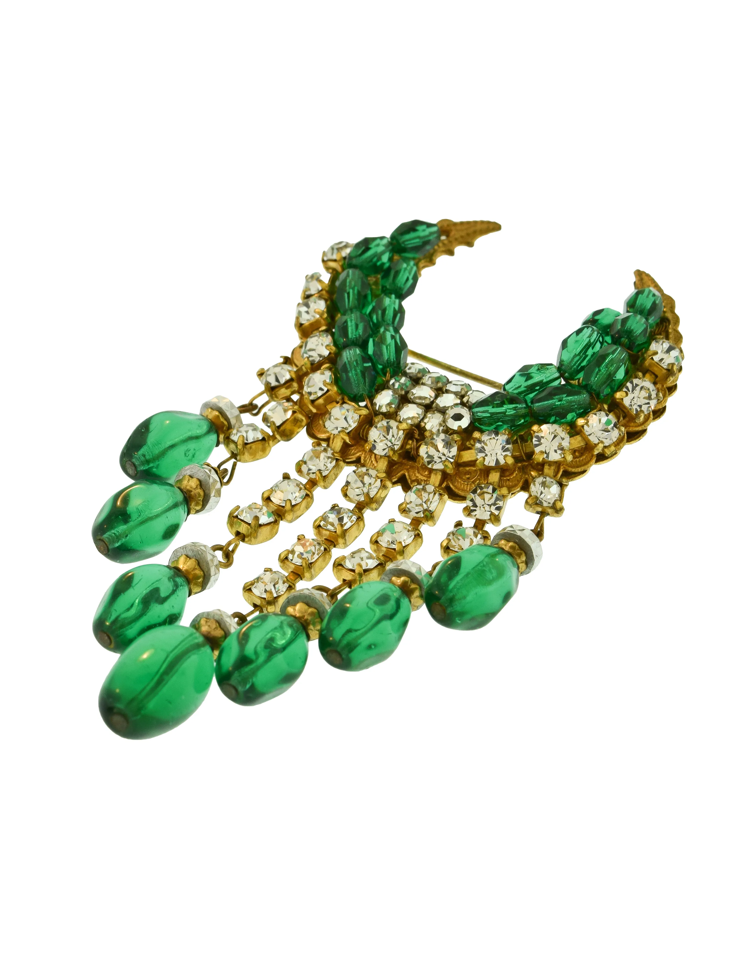 Miriam Haskell Vintage Emerald Glass Rhinestone Fringe Brass Crescent Brooch Pin