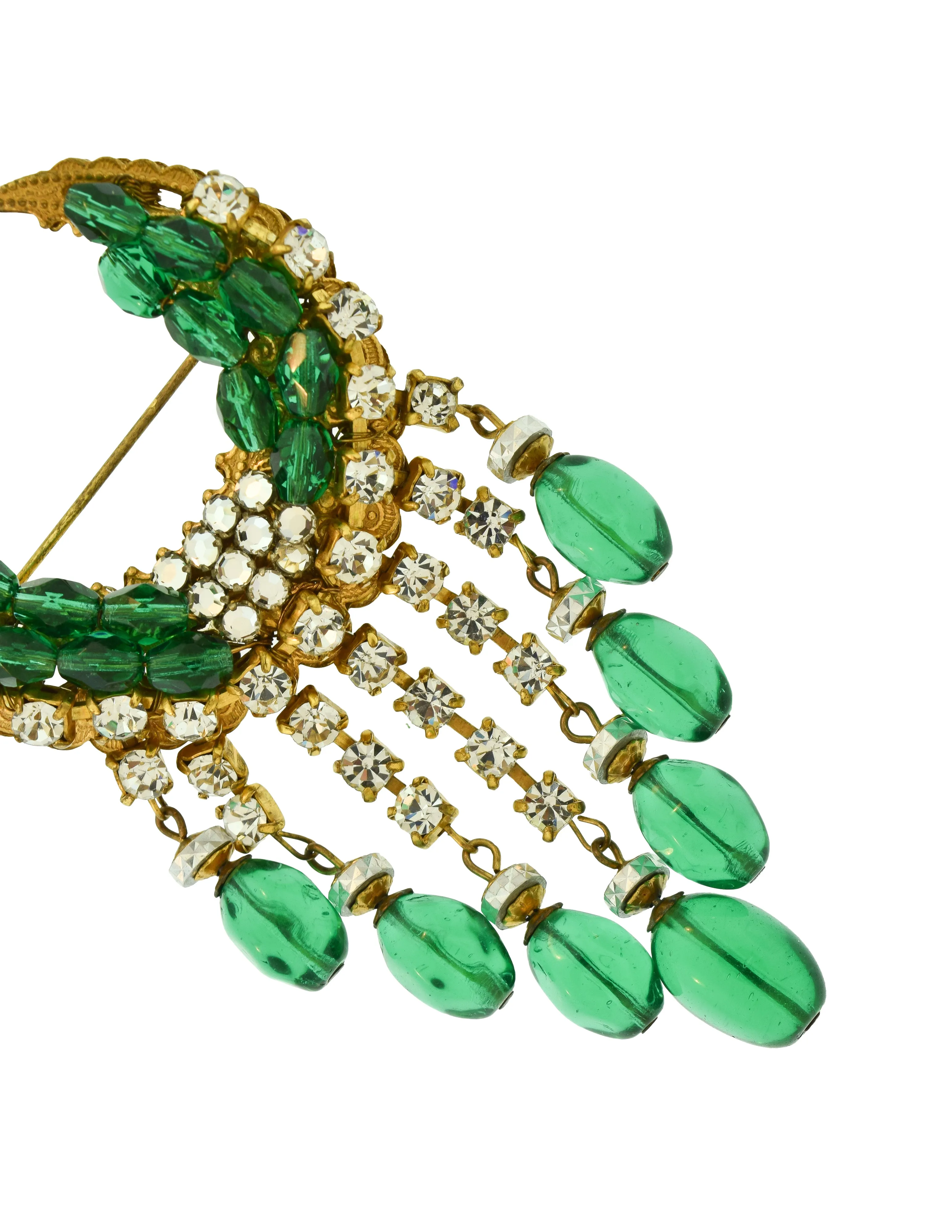 Miriam Haskell Vintage Emerald Glass Rhinestone Fringe Brass Crescent Brooch Pin