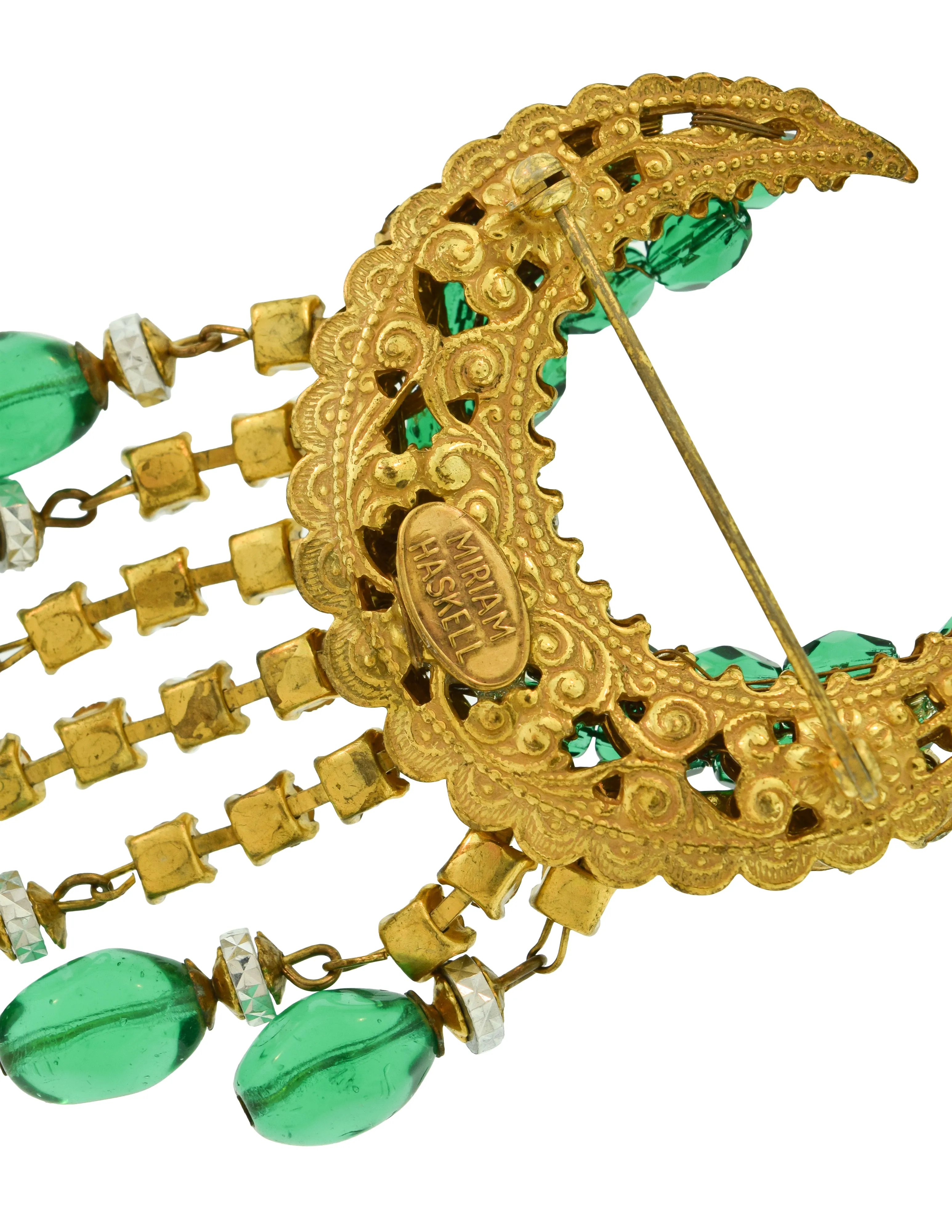 Miriam Haskell Vintage Emerald Glass Rhinestone Fringe Brass Crescent Brooch Pin