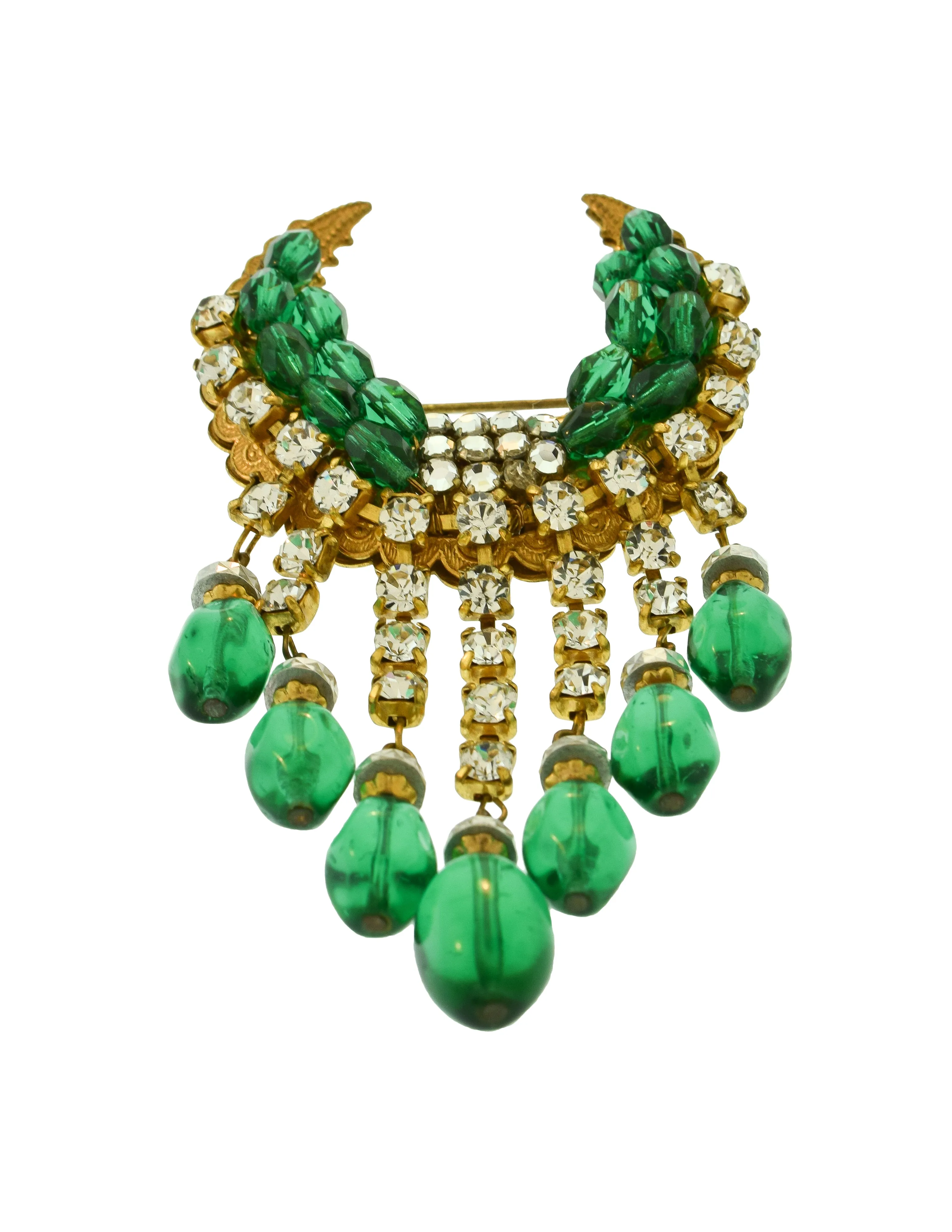 Miriam Haskell Vintage Emerald Glass Rhinestone Fringe Brass Crescent Brooch Pin