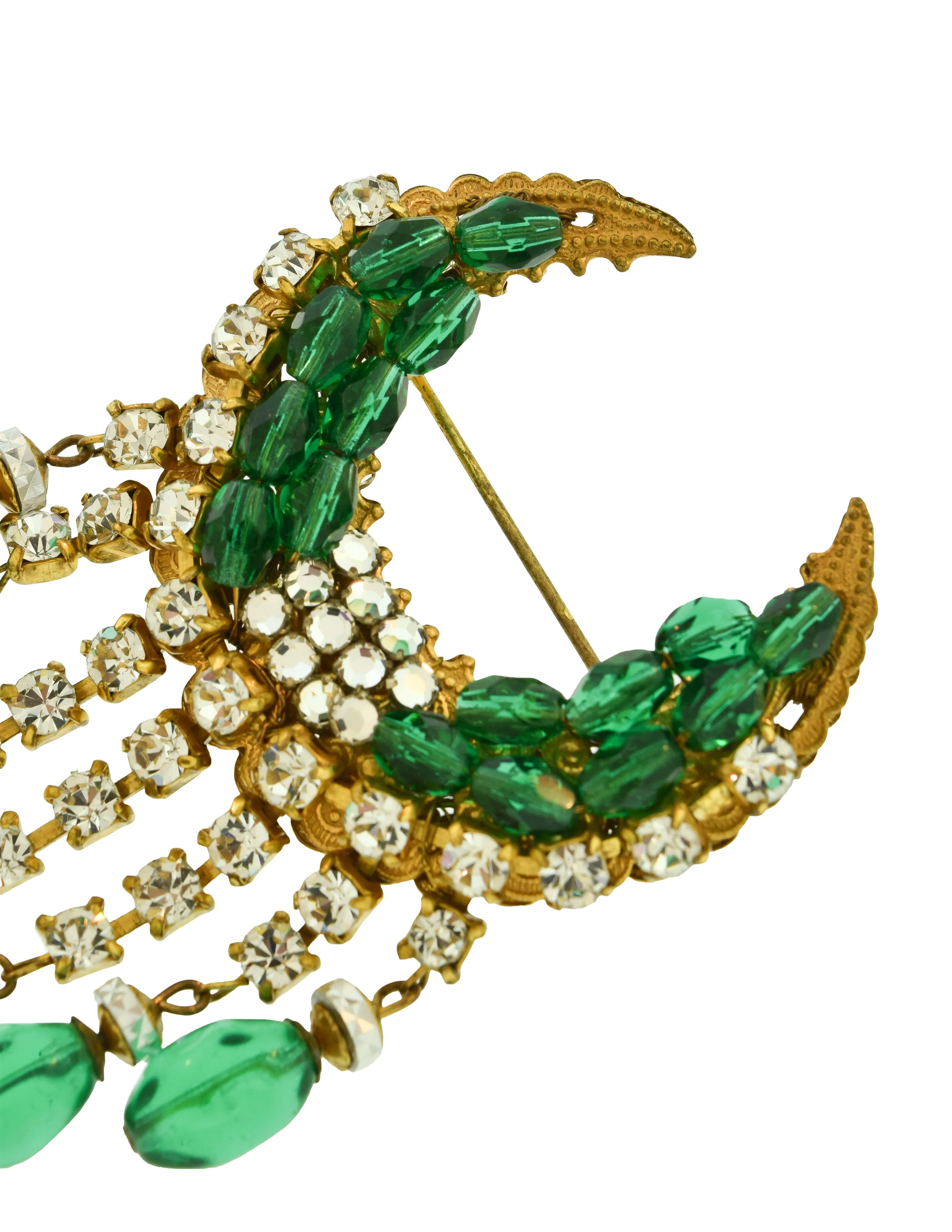 Miriam Haskell Vintage Emerald Glass Rhinestone Fringe Brass Crescent Brooch Pin