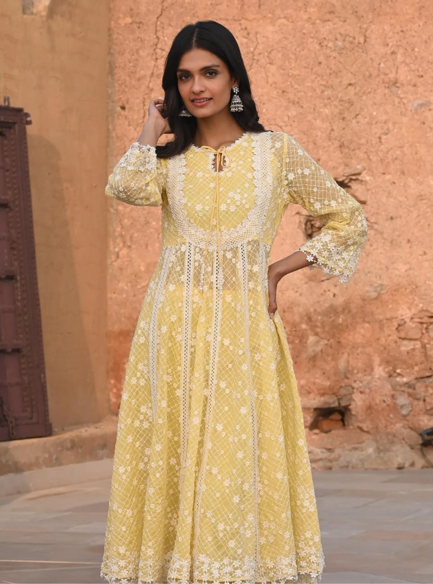 Mulmul Organza Zola Yellow Anarkali Kurta With Mulmul Cotton Zola Yellow Pant