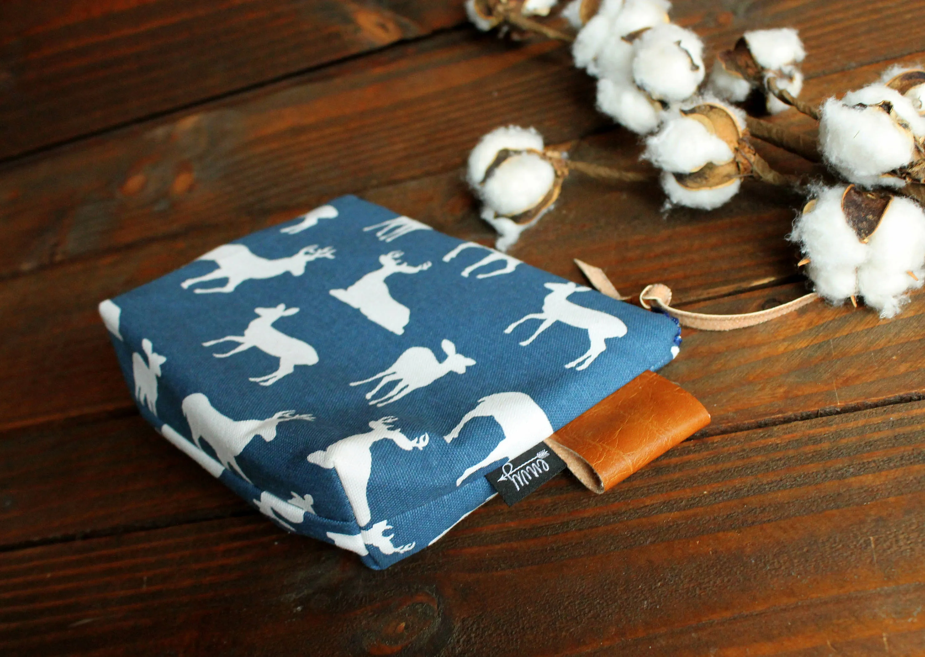 Navy Deer with Vegan Leather - Cosmetic Bag - Make Up Bag - Bridesmaid Gift