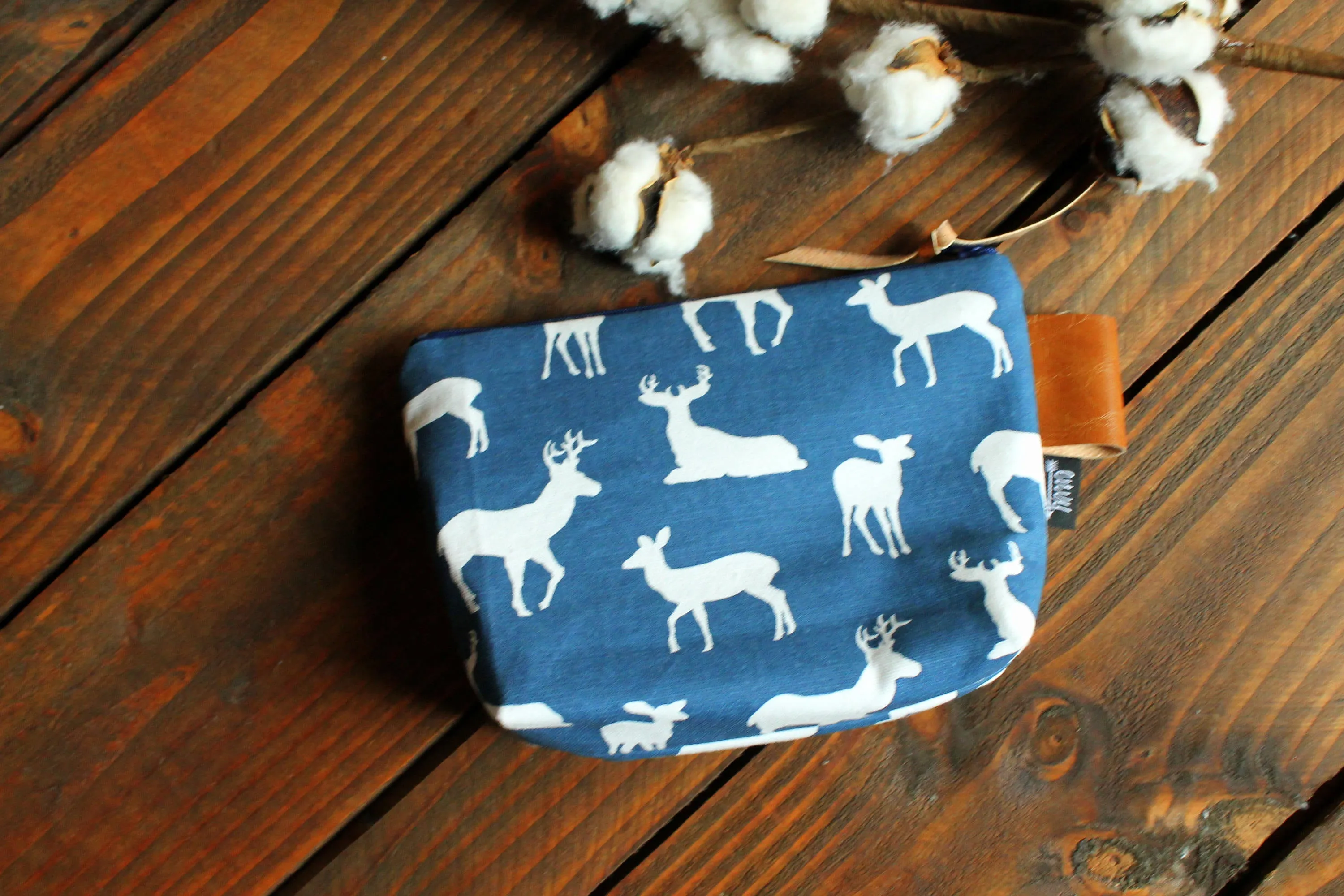 Navy Deer with Vegan Leather - Cosmetic Bag - Make Up Bag - Bridesmaid Gift